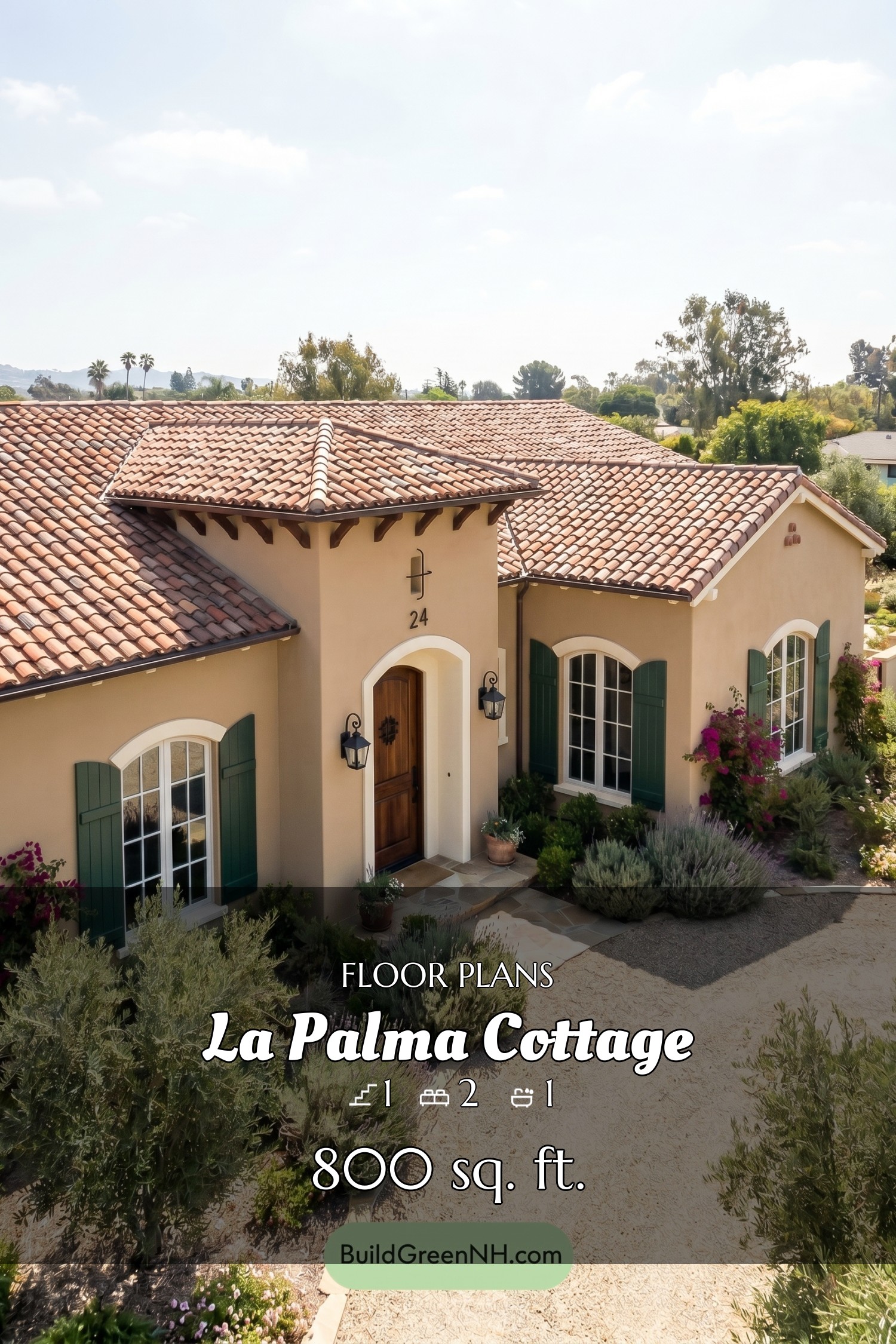 Adobe tan walls, cream trim, deep forest green shutters, walnut door, and wrought iron black fixtures