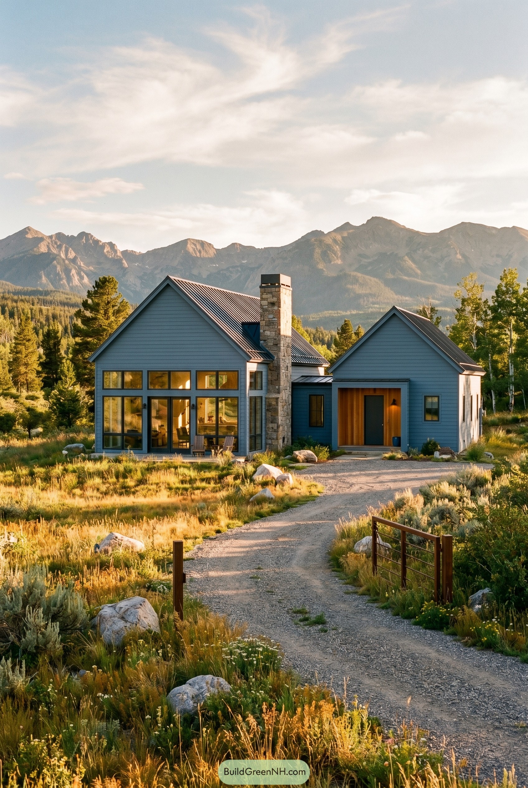Dusty blue modern gabled house with stone chimney in a mountain meadow