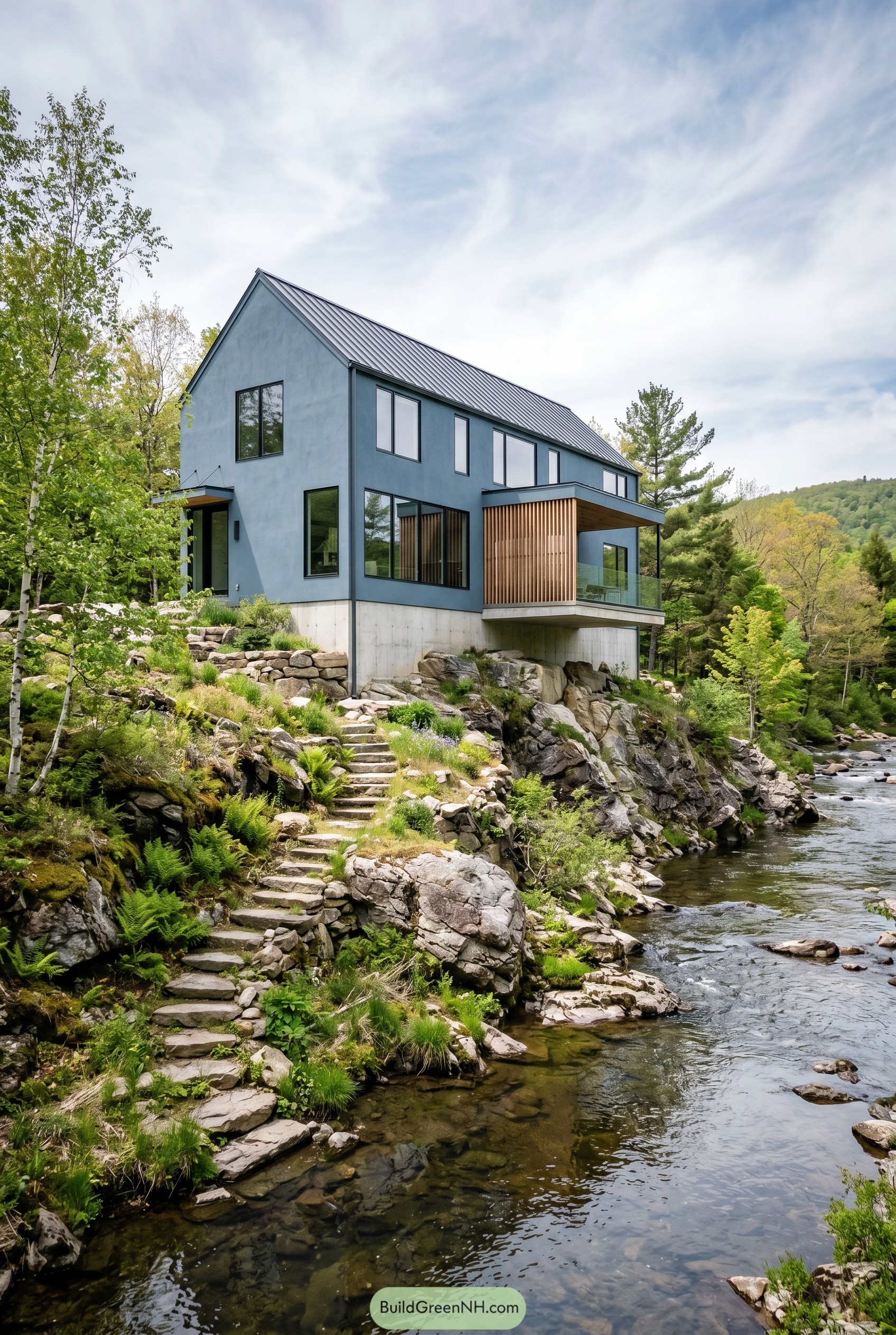 Dusty blue gabled house above a rocky riverbank