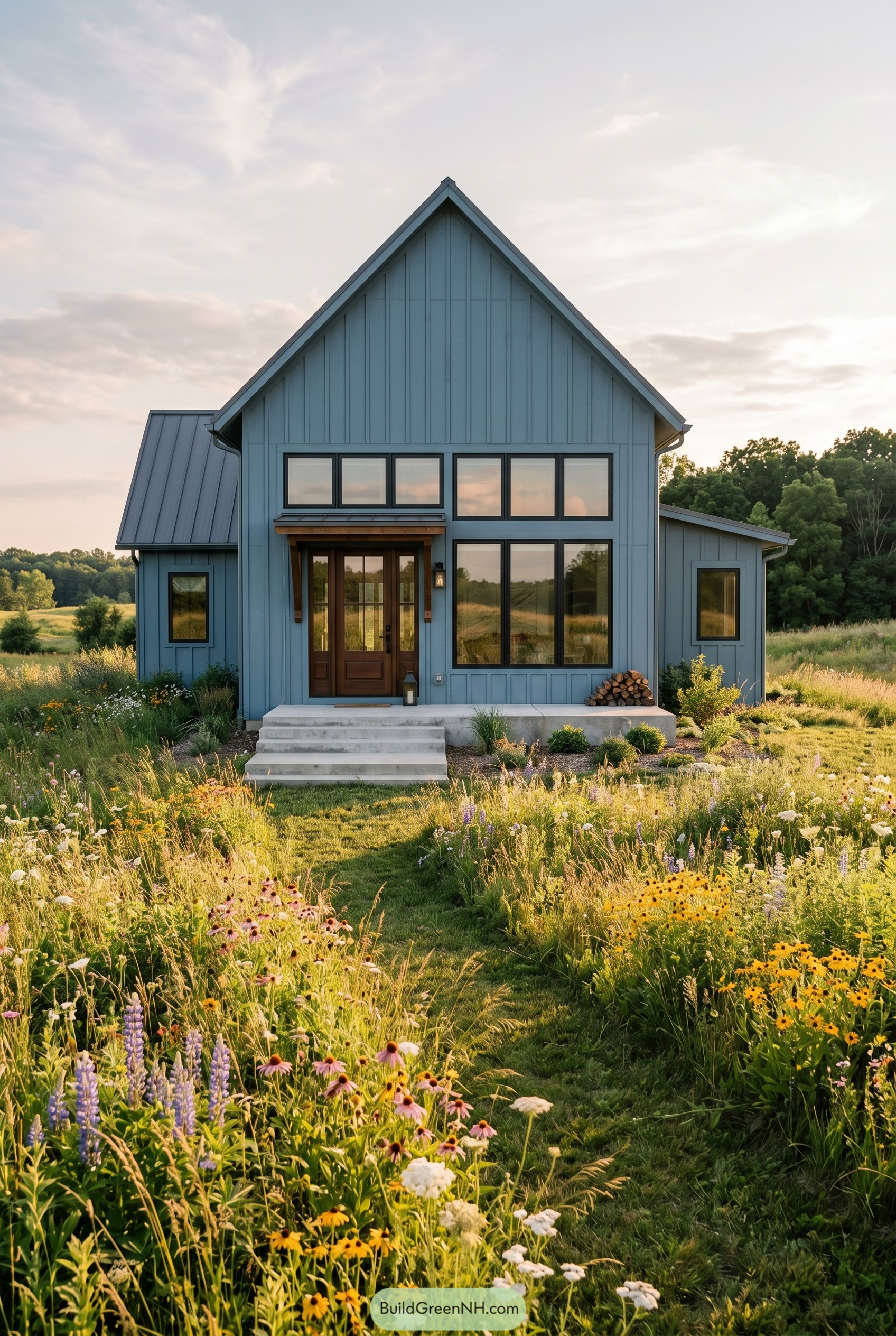 Dusty blue gabled house in wildflower meadow