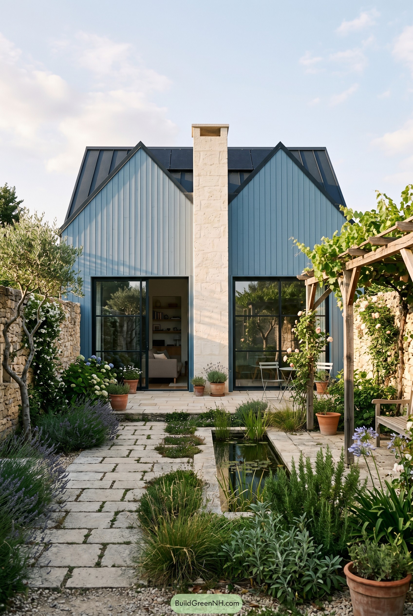 Dusty blue gabled house with stone chimney and garden courtyard