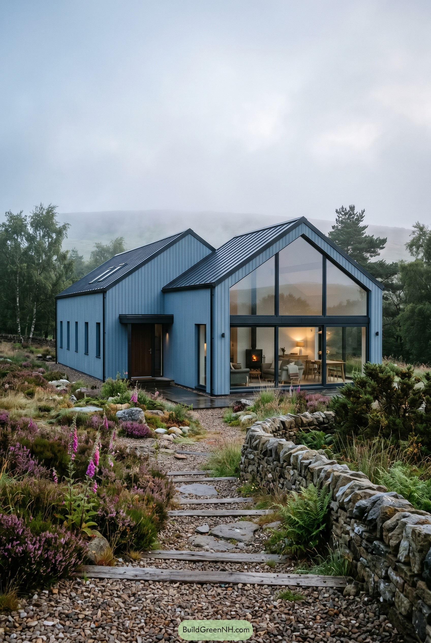 Dusty blue gabled house with large glass front