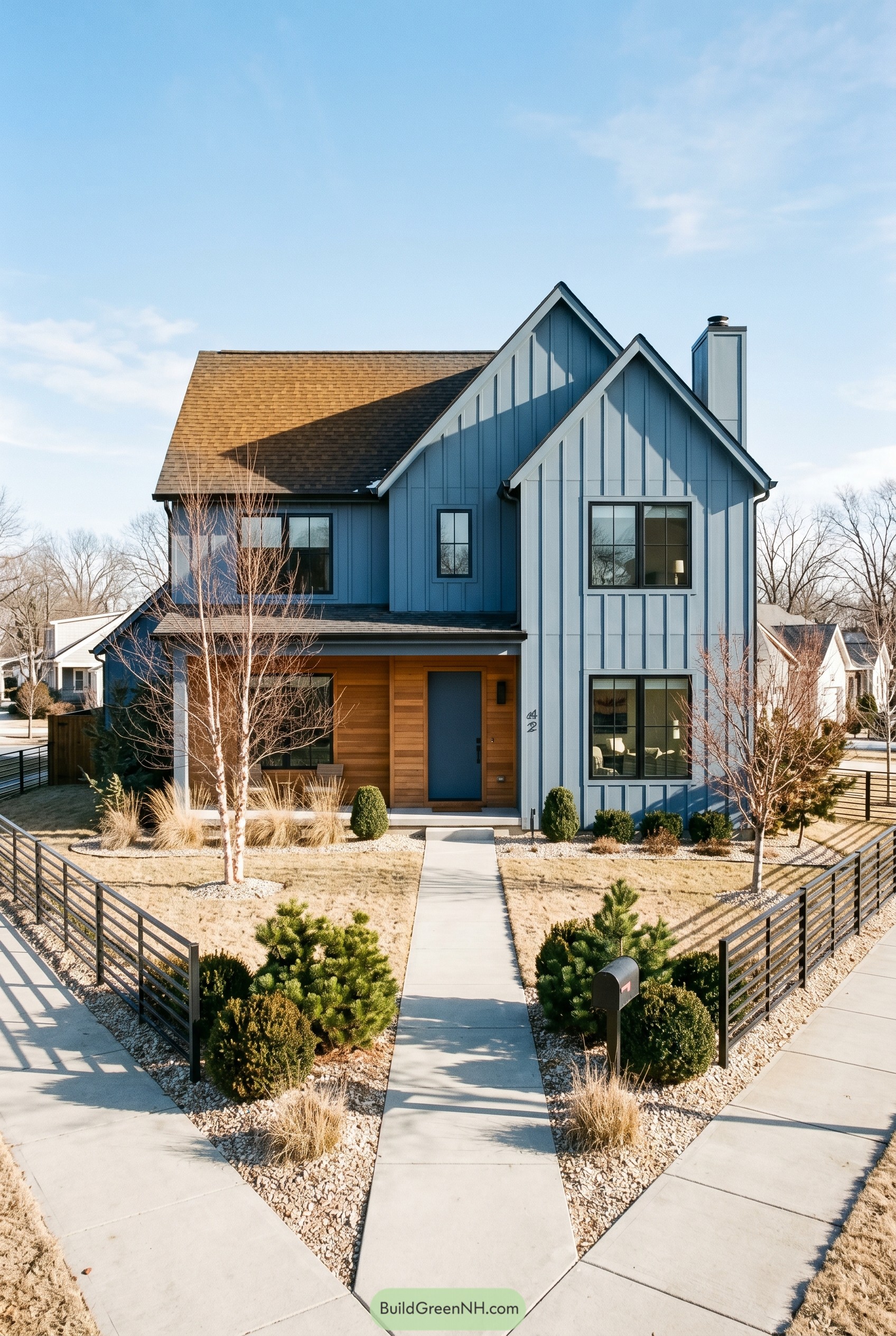 Dusty blue gabled house with cedar entry porch