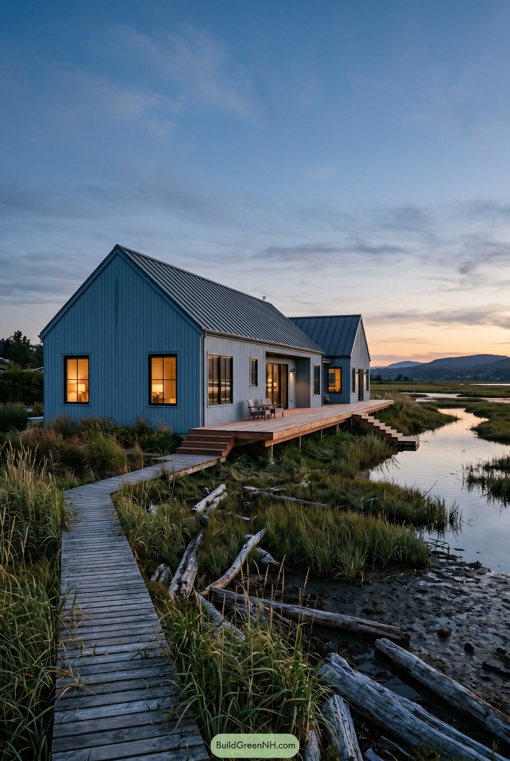 Dusty blue gabled house beside a marsh