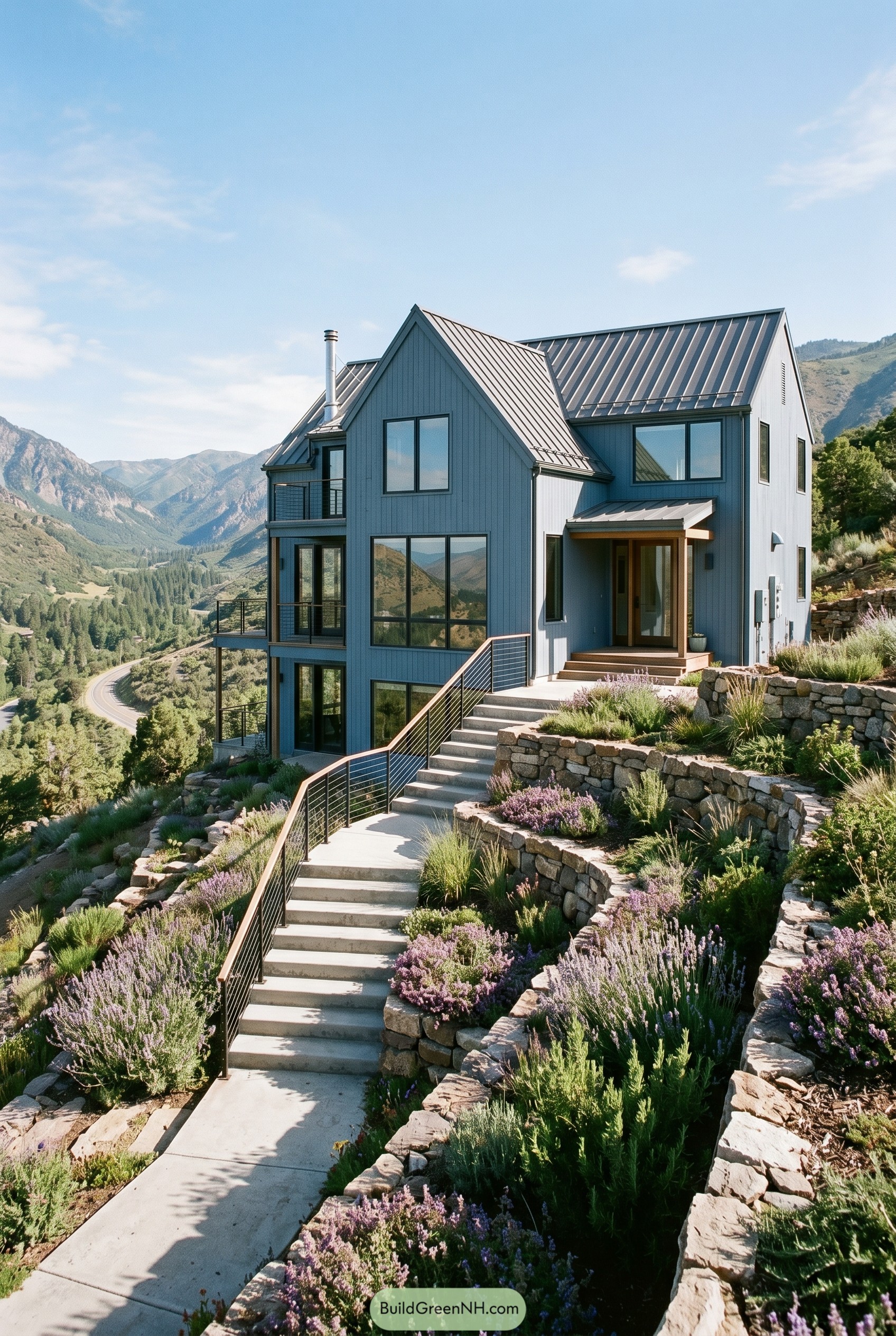 Dusty blue modern gabled house on a mountain slope
