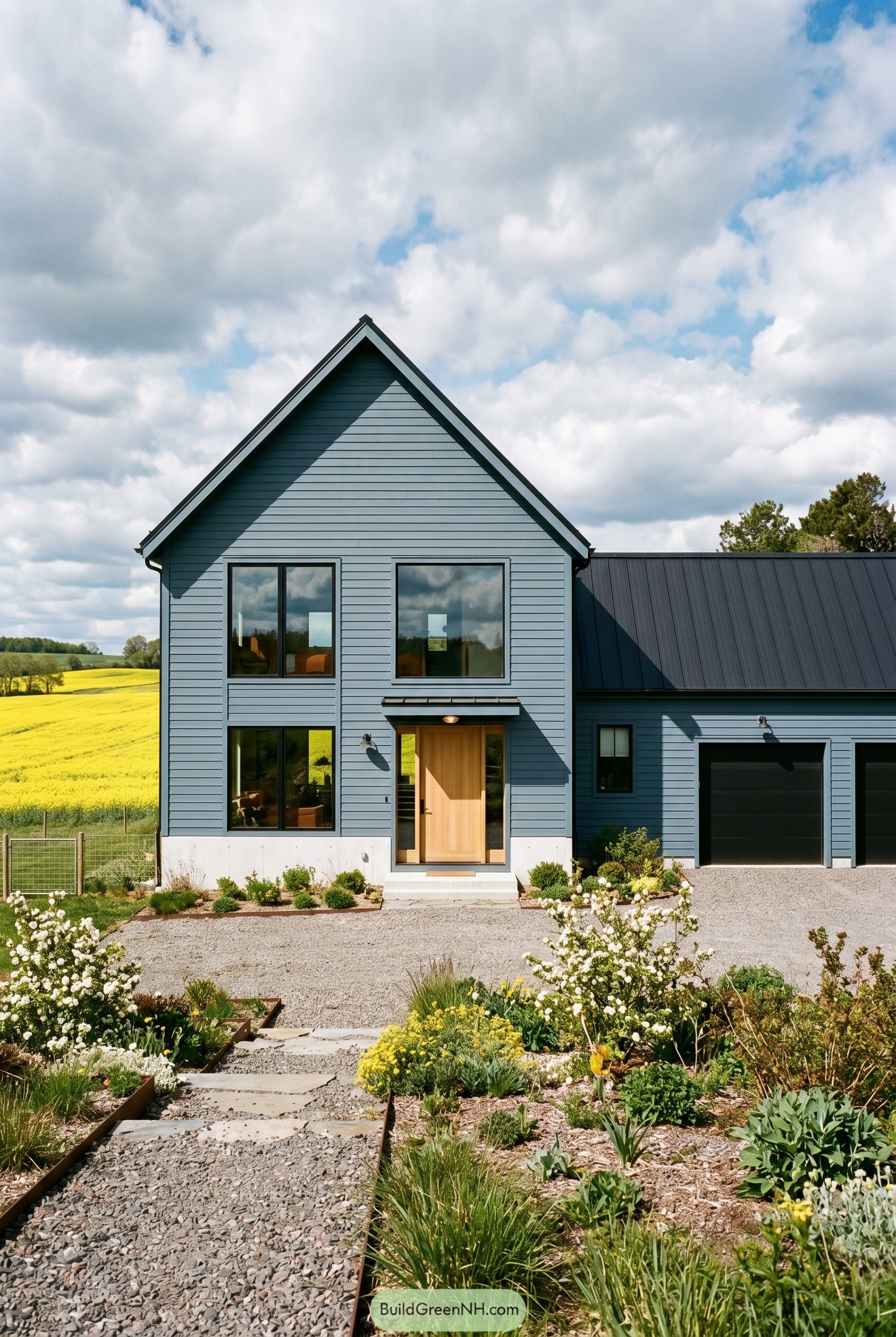 Dusty blue gabled house with black roof and garage