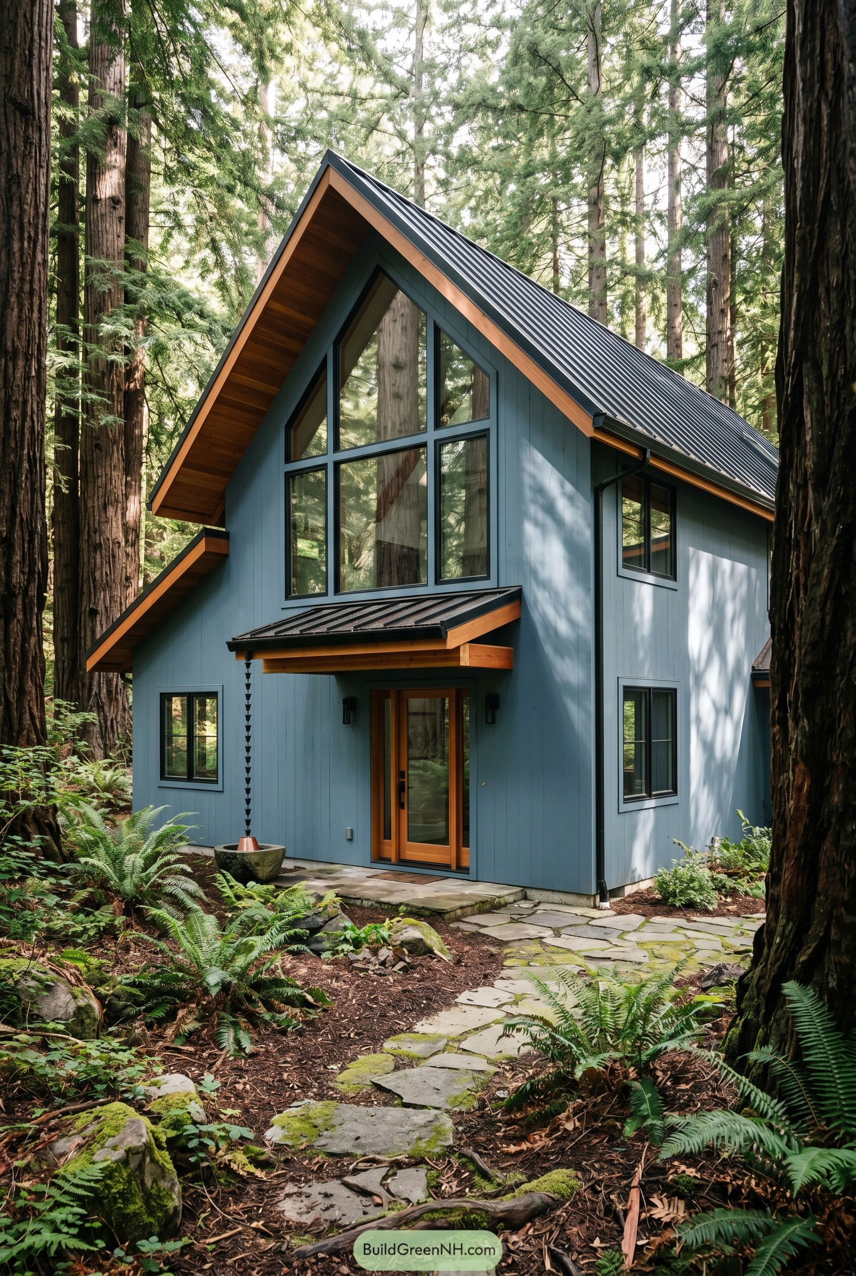 Dusty blue modern gabled house in a redwood forest
