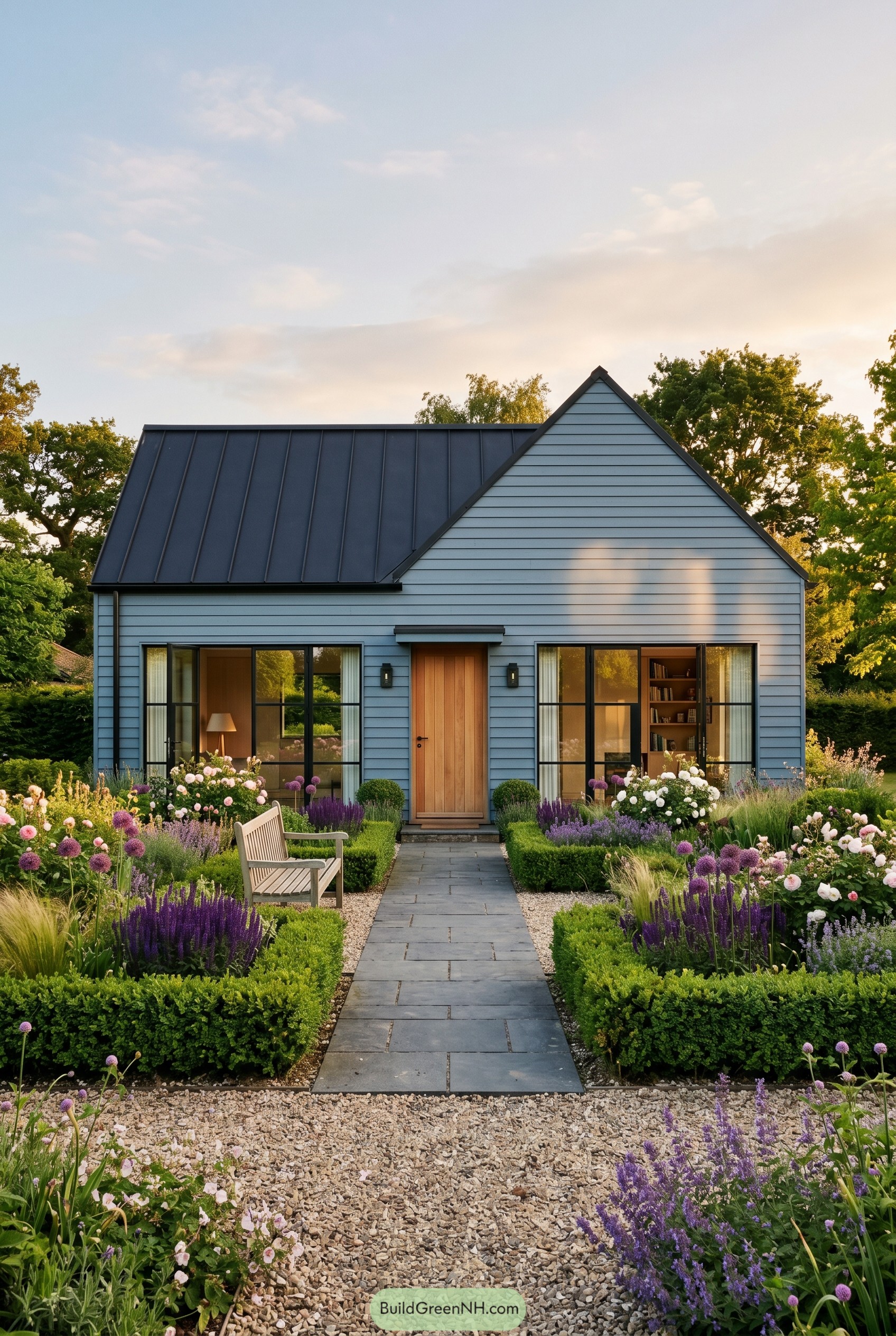 Dusty blue gabled house with formal flower garden