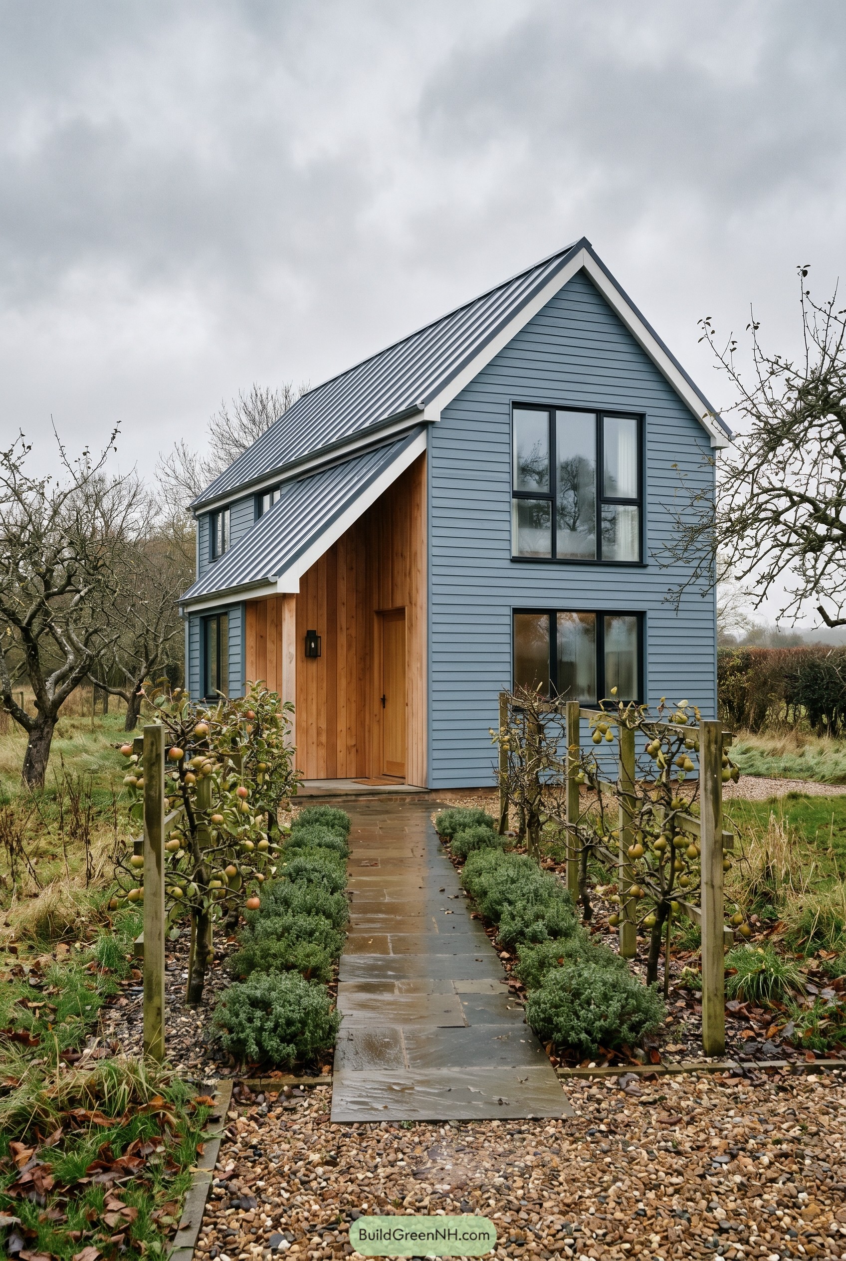 Dusty blue gabled house with metal roof