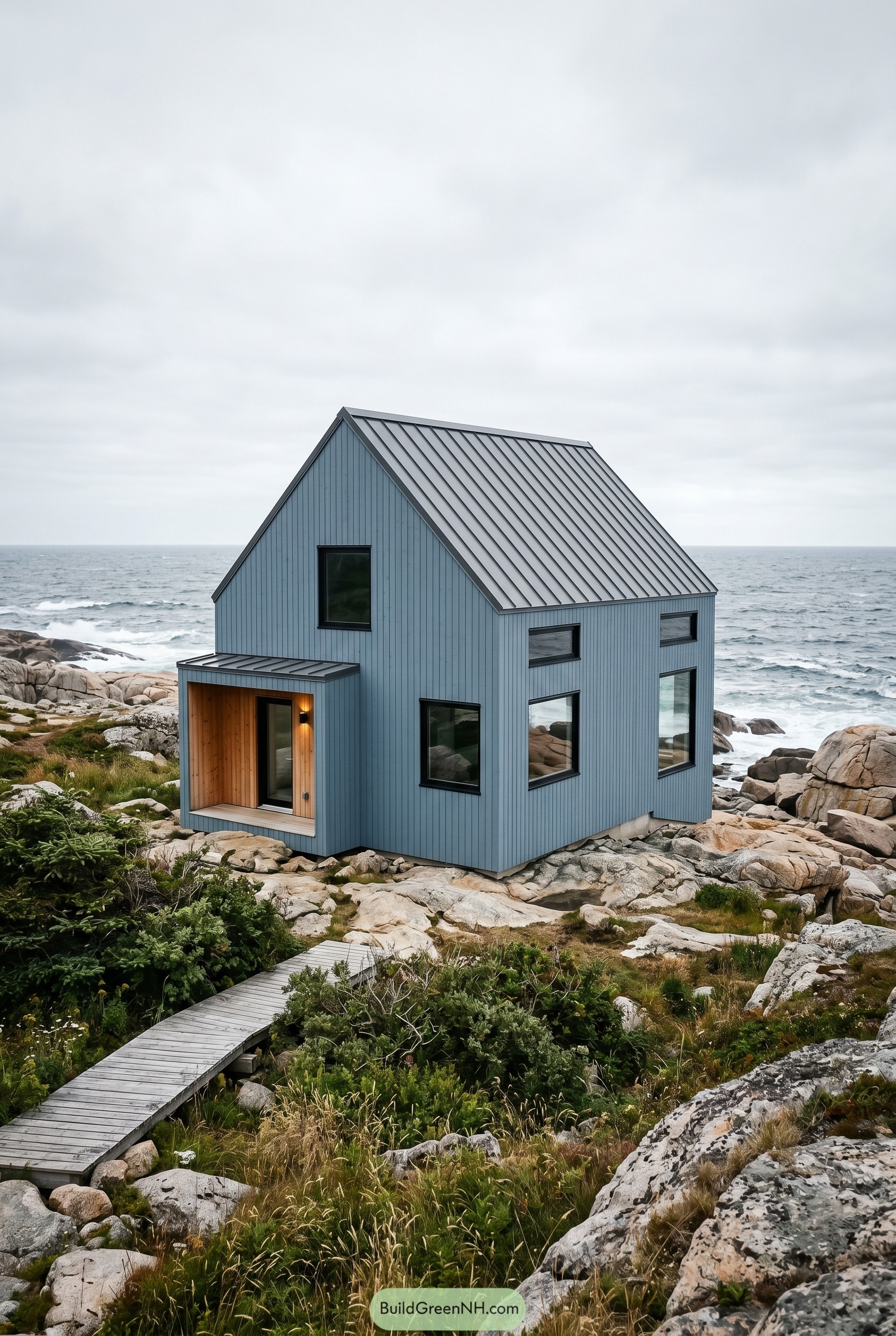 Dusty blue modern gabled house on rocky coast