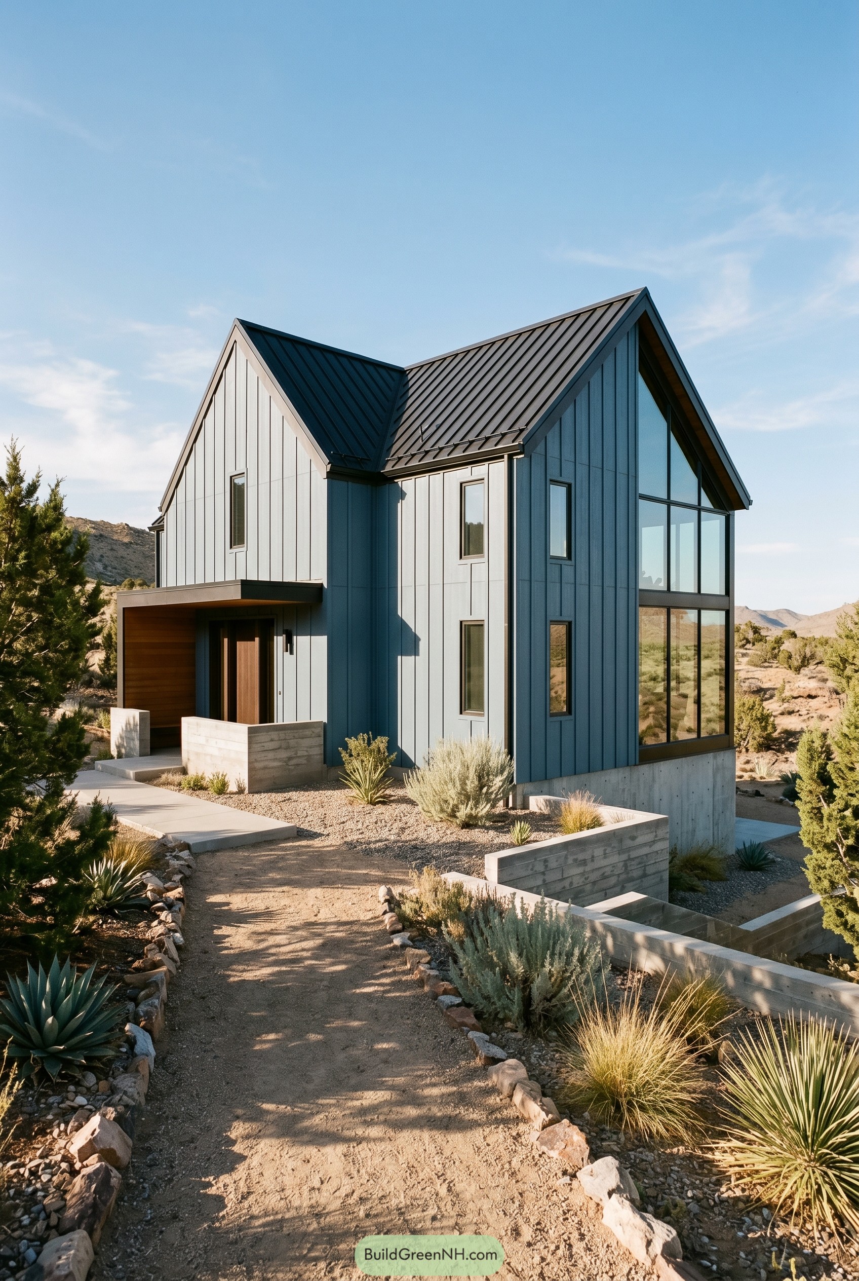 Dusty blue modern gabled house in desert landscape