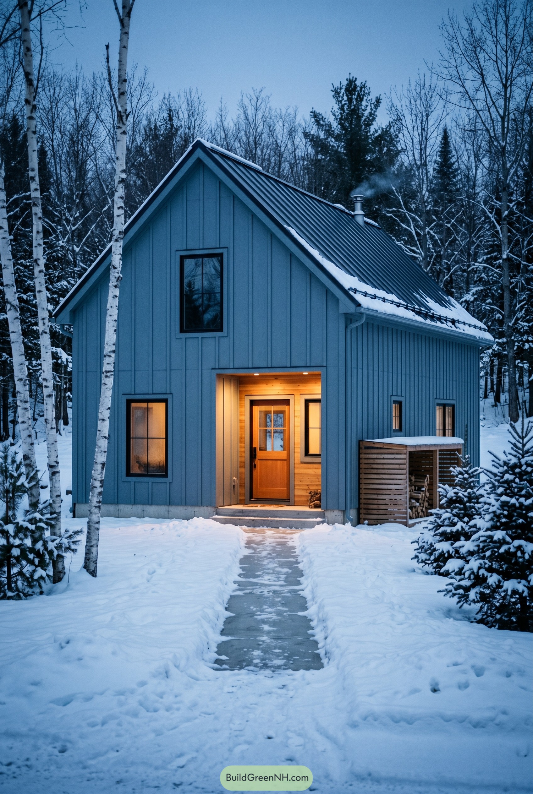 Dusty blue gabled house in snowy woods