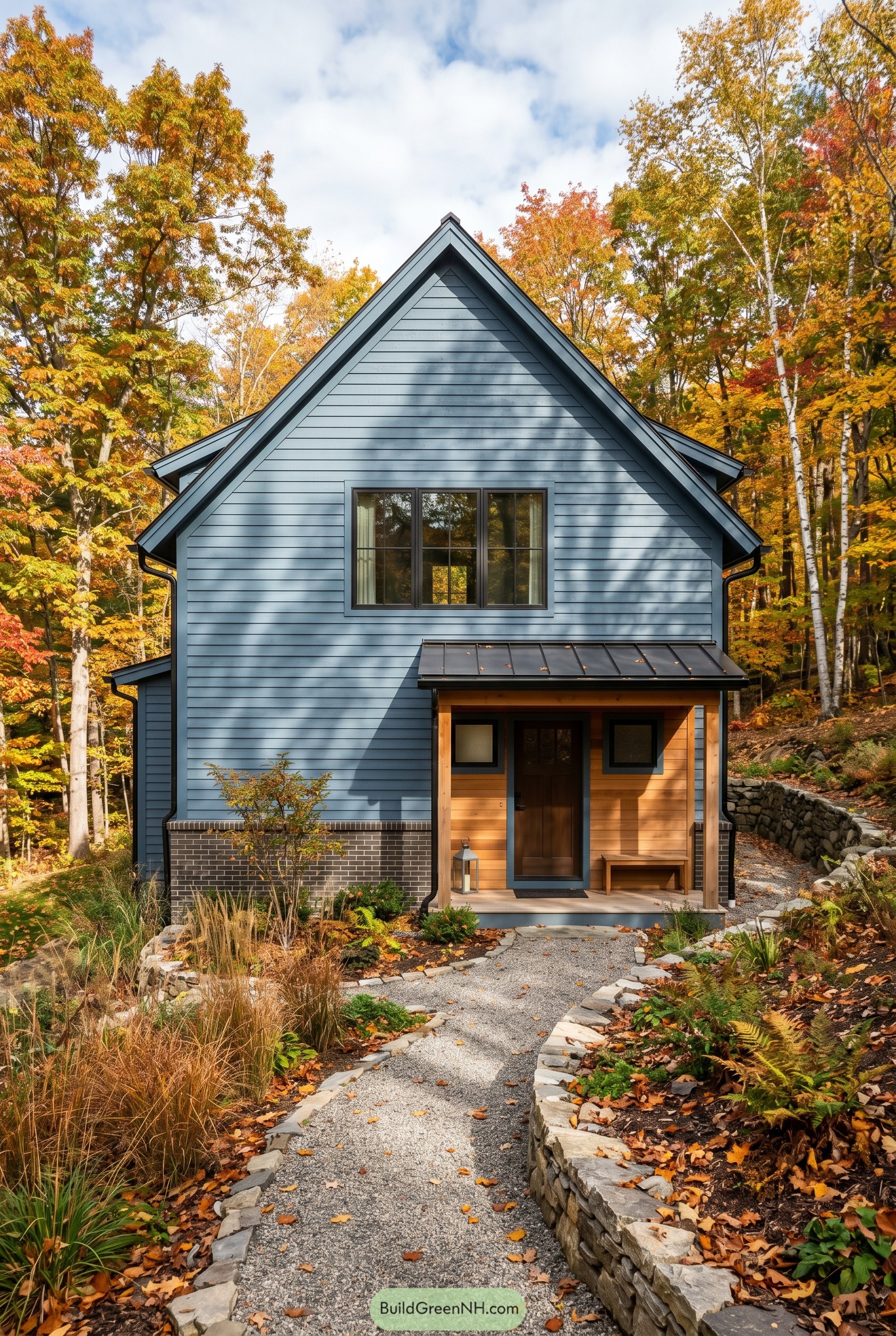 Dusty blue gabled house in autumn woods