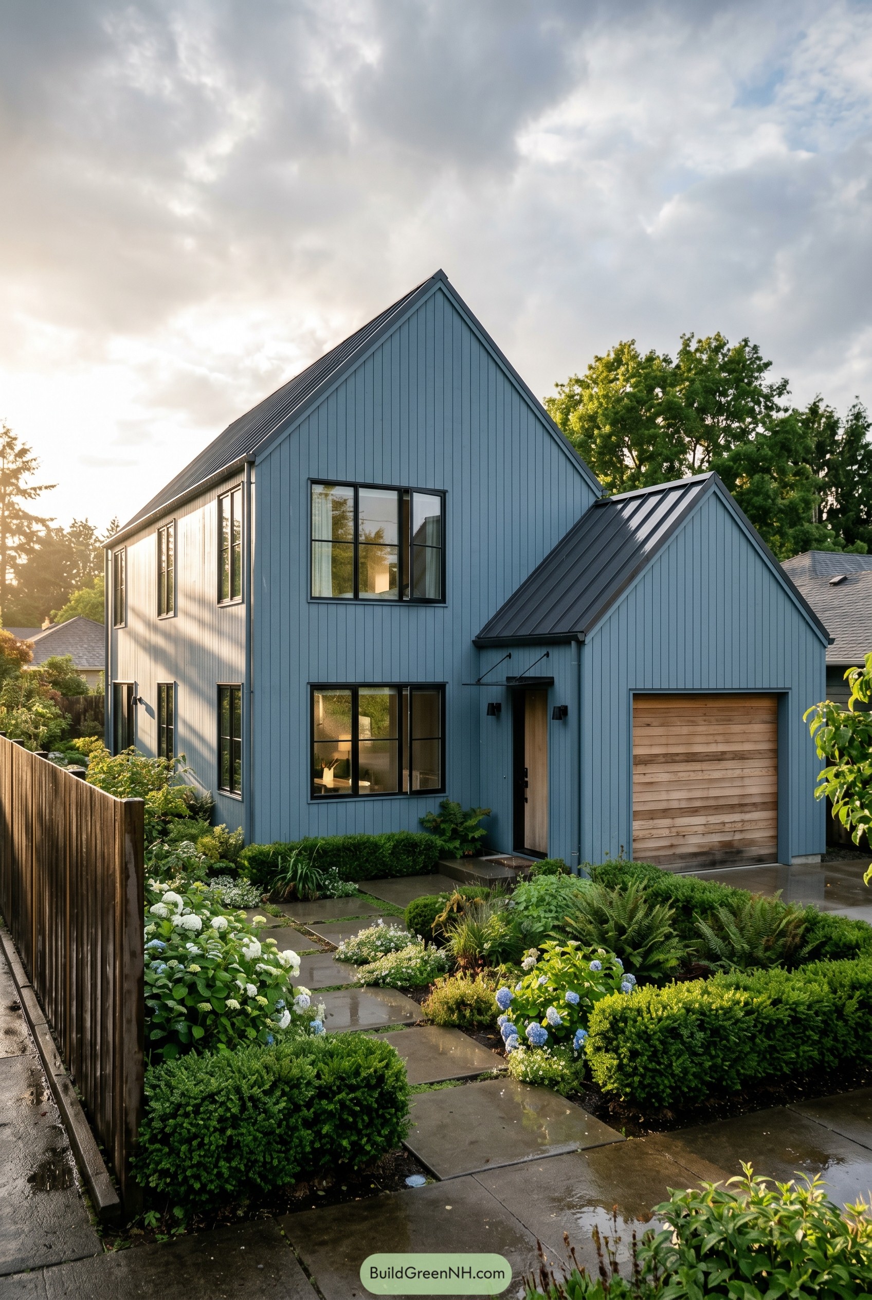 Dusty blue gabled house with black roof