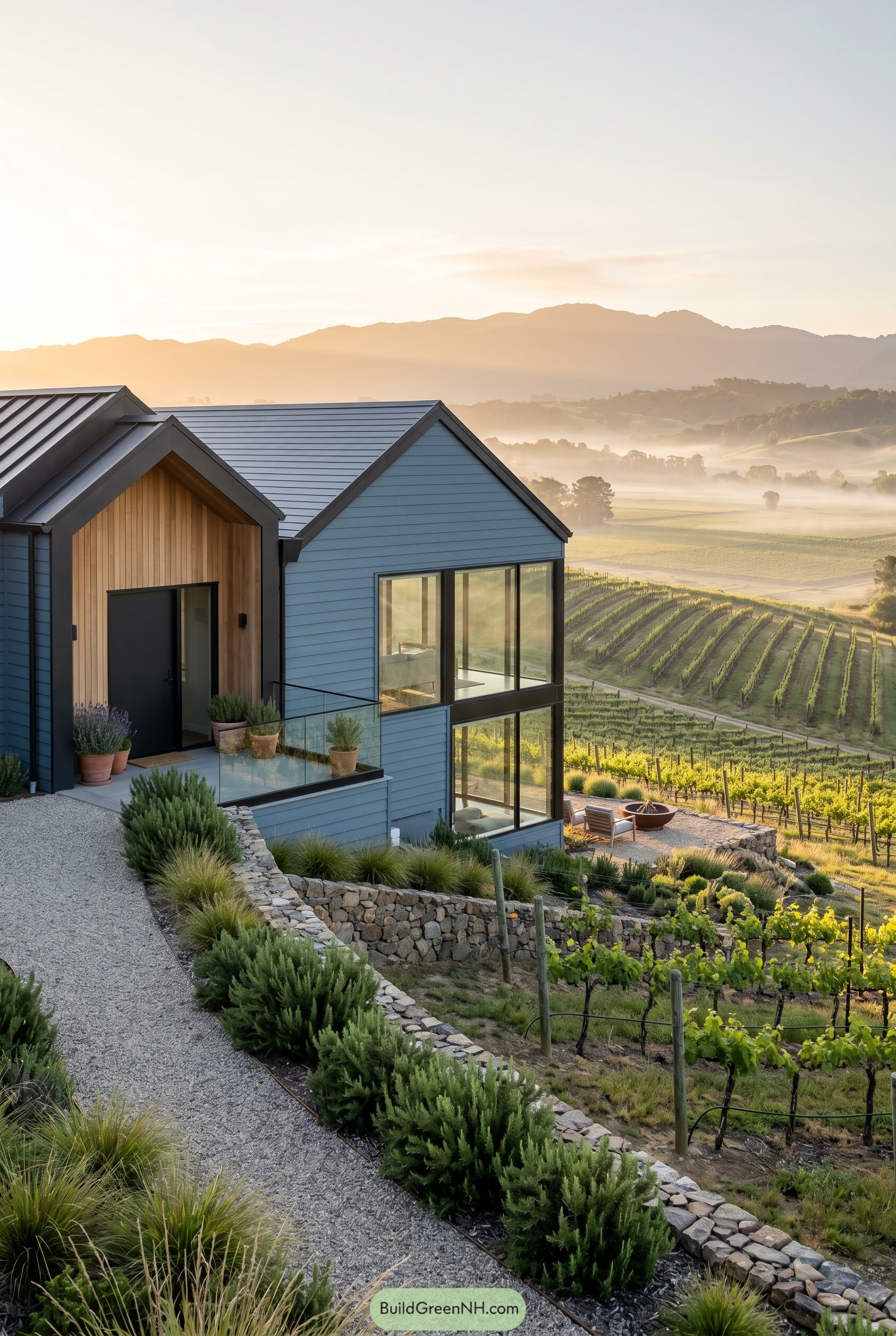 Dusty blue gabled house above vineyard