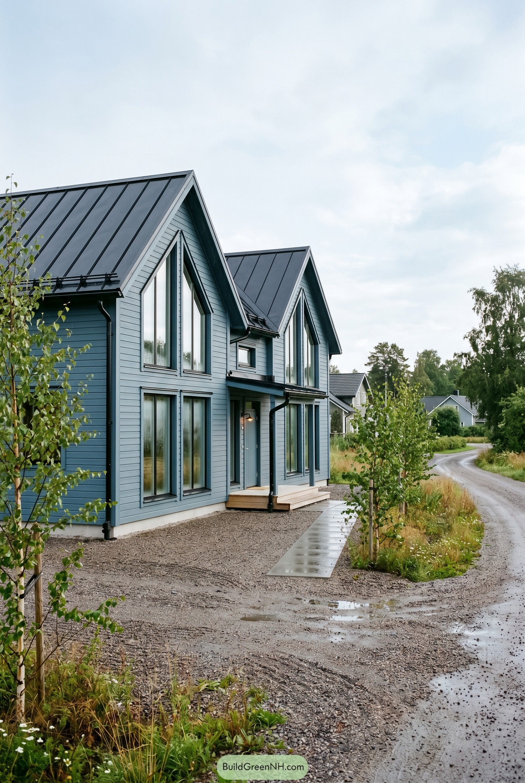 Dusty blue modern twin gabled house with black roof
