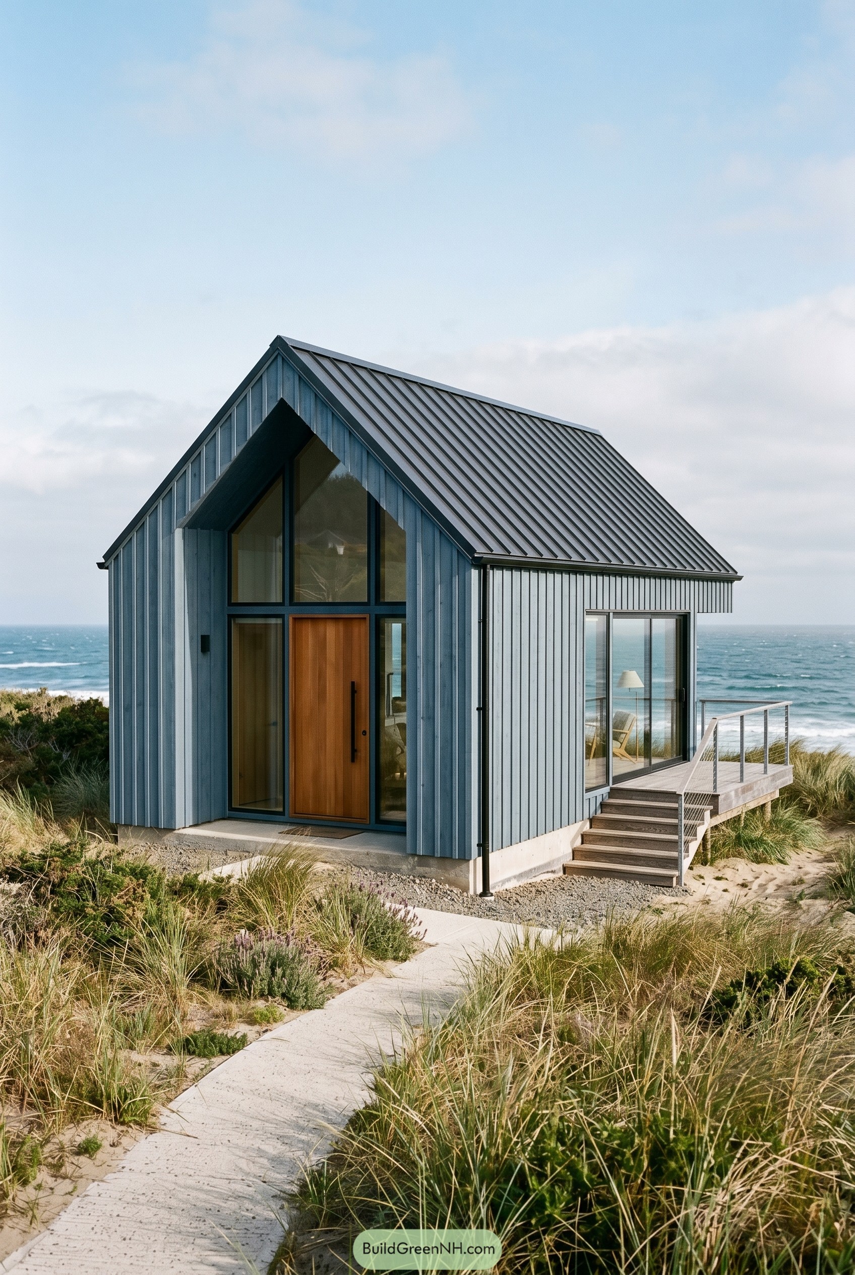 Dusty blue modern gabled beach house
