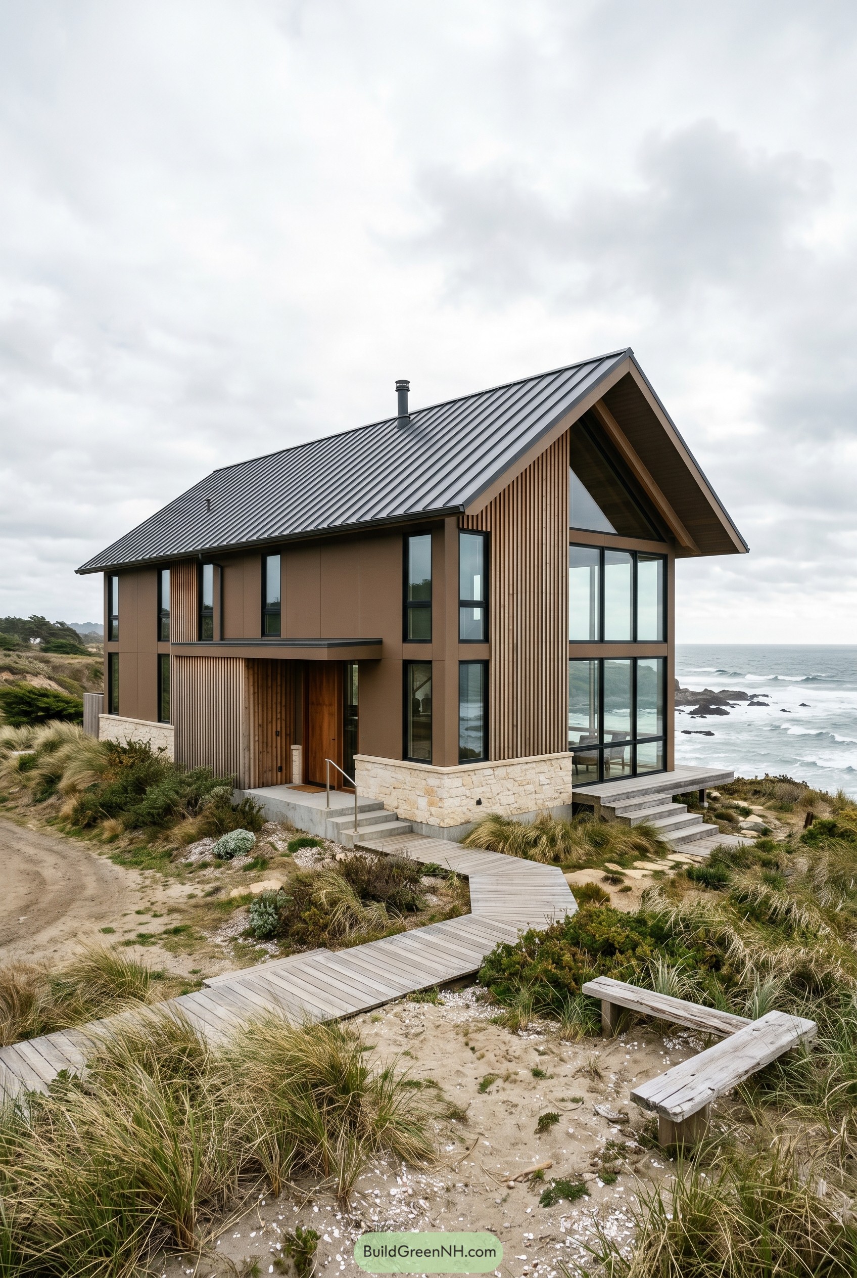 Brown coastal gabled house with tall glass walls