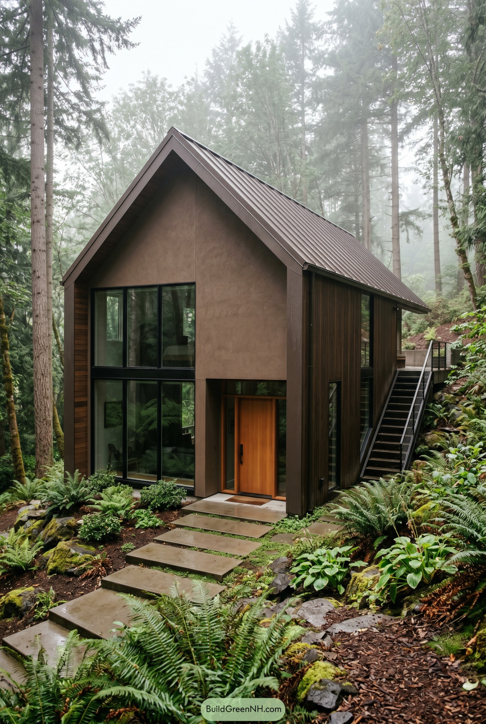 Earthy brown modern gabled house in a misty forest