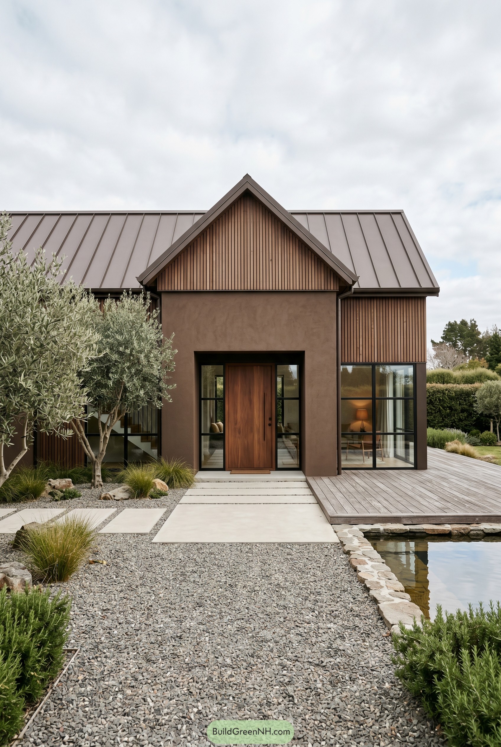 Brown modern gabled house with pond entry