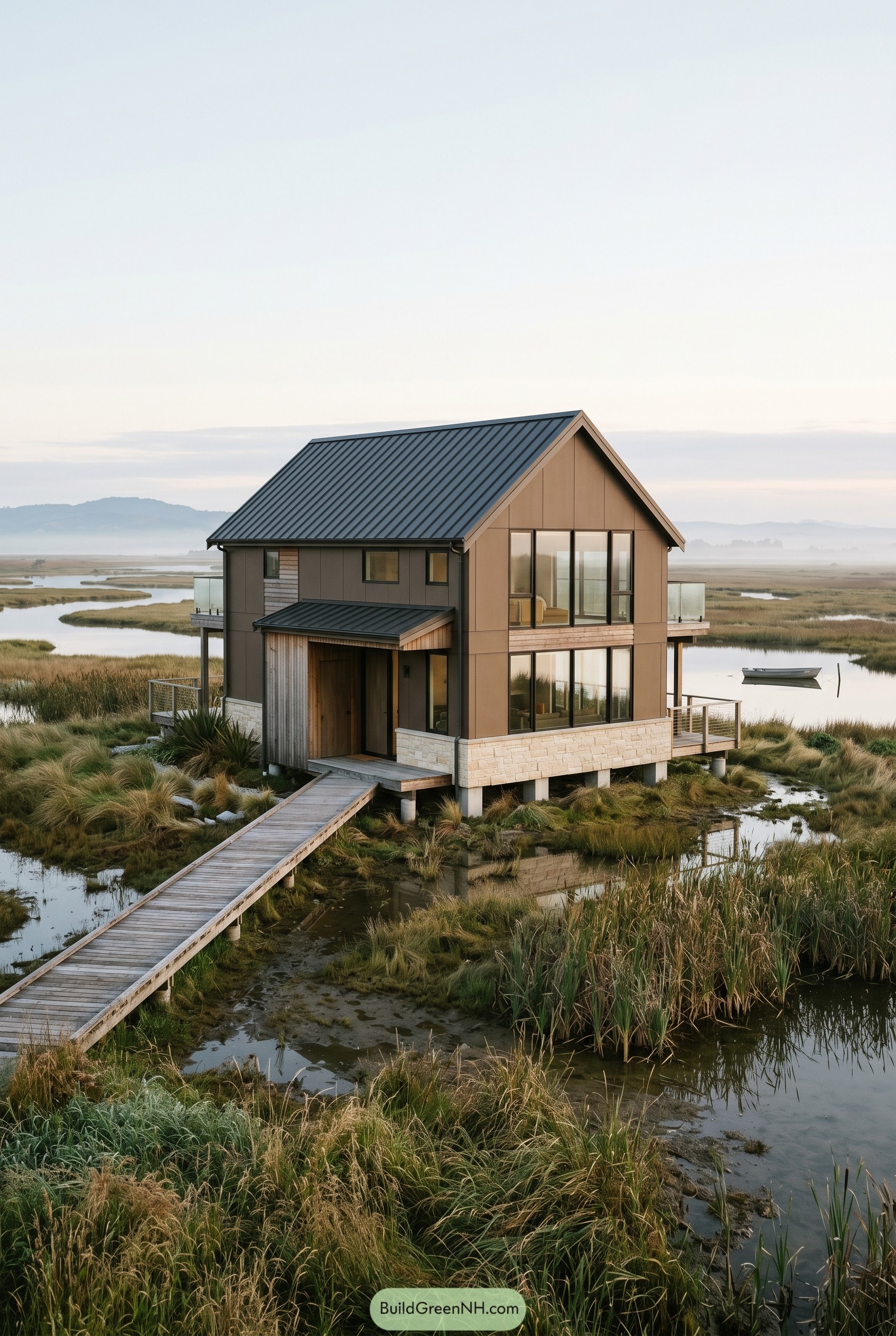 Brown modern gabled house on marsh stilts