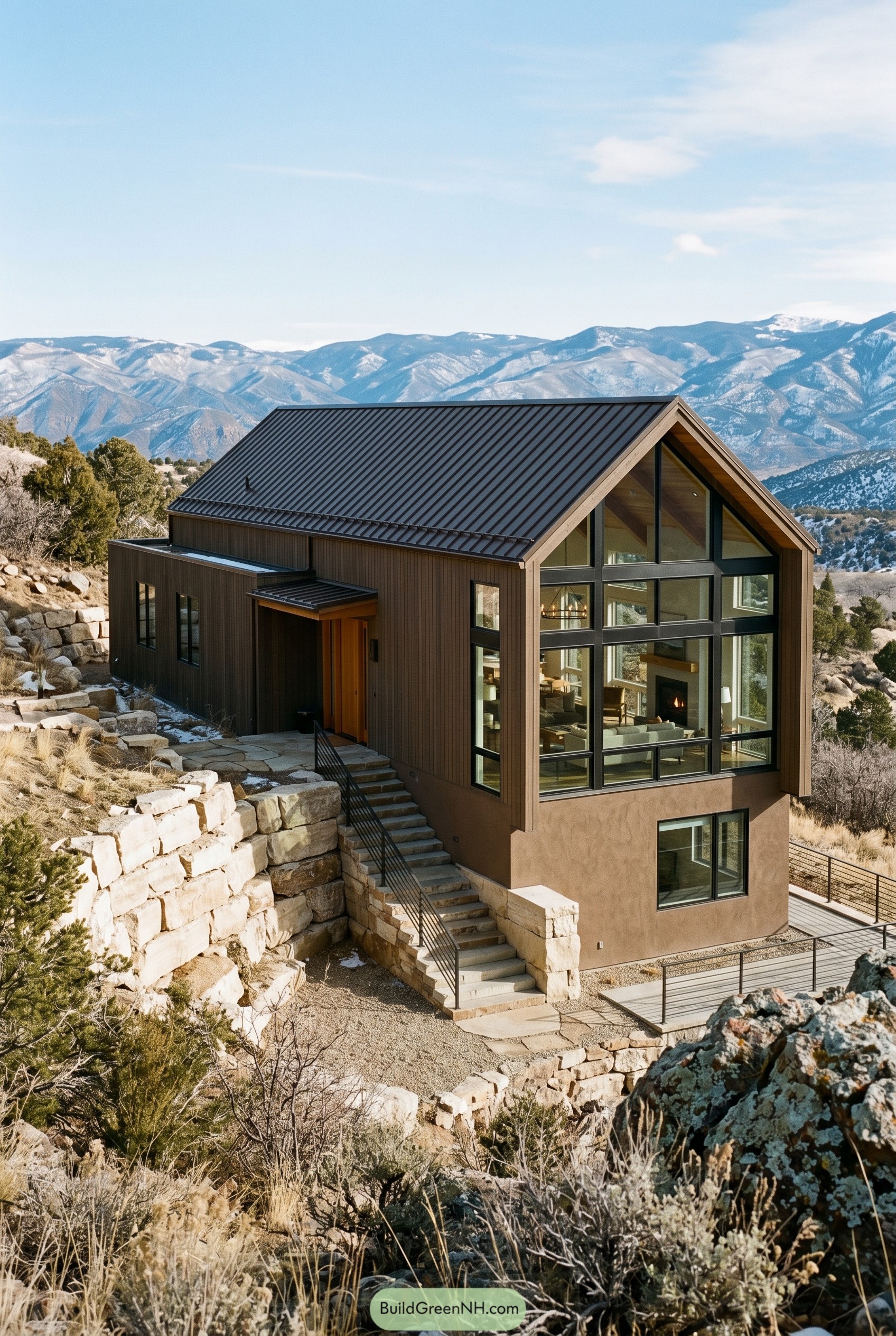 Brown modern gabled house on a rocky mountain slope