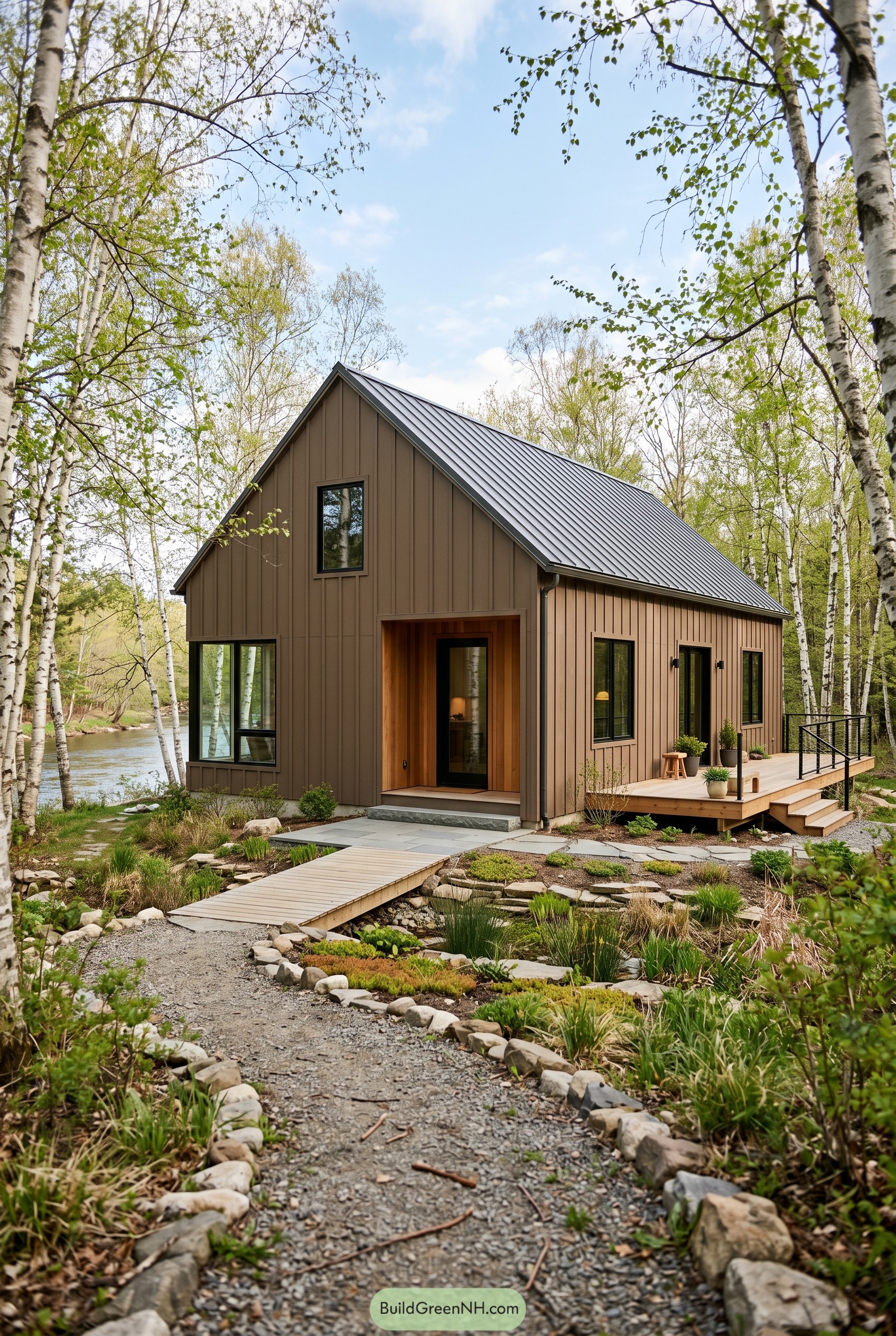 Brown modern gabled house beside a birch lined stream