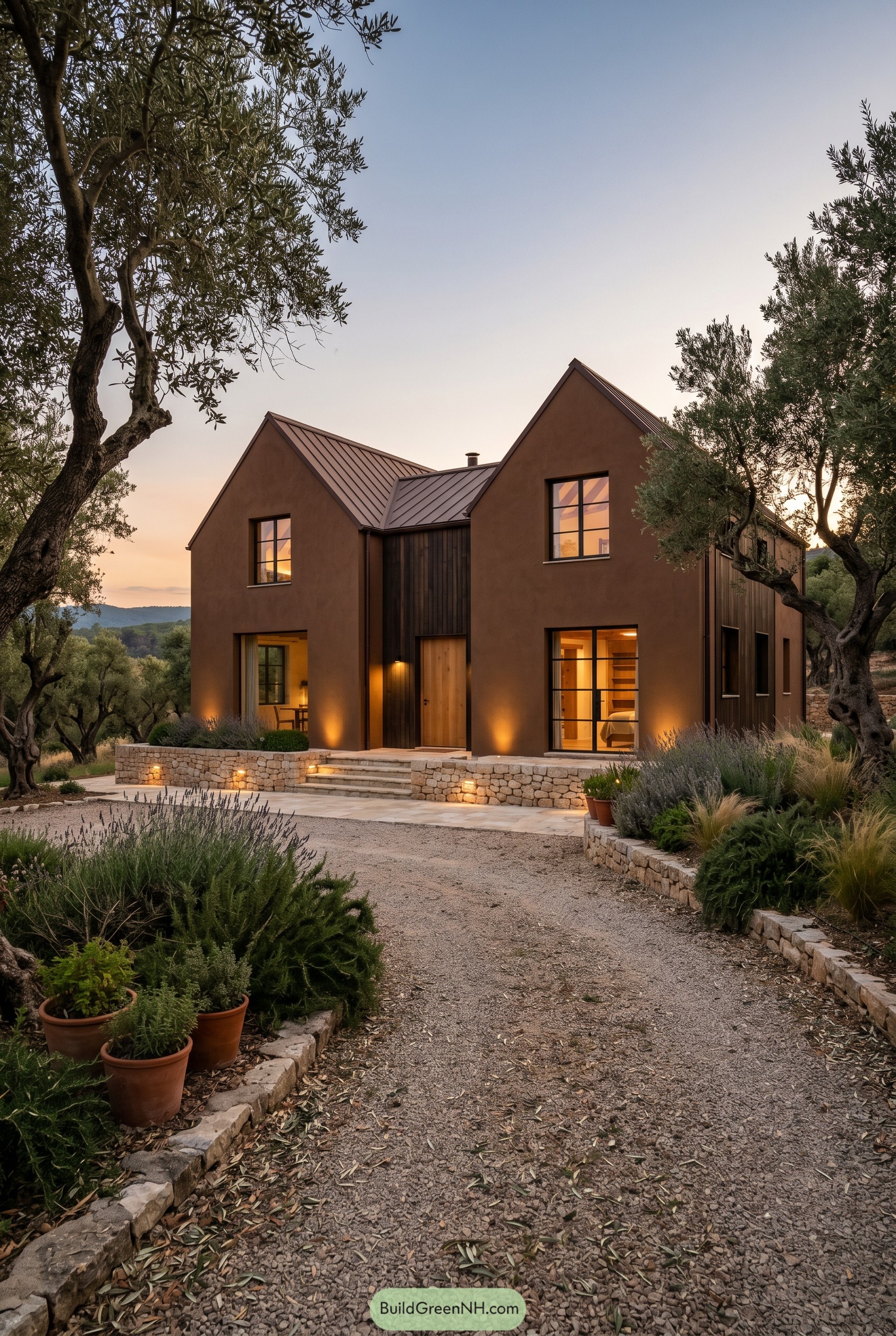 Brown modern twin gabled house in an olive grove