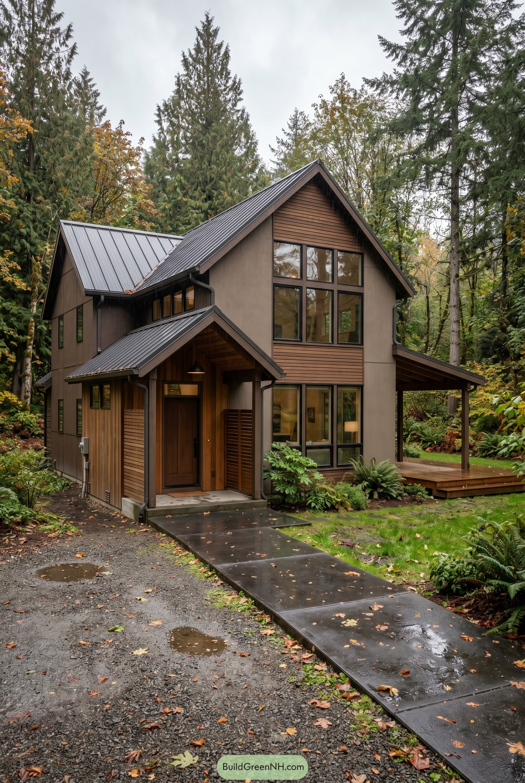 Modern brown gabled house with black metal roof in a forest