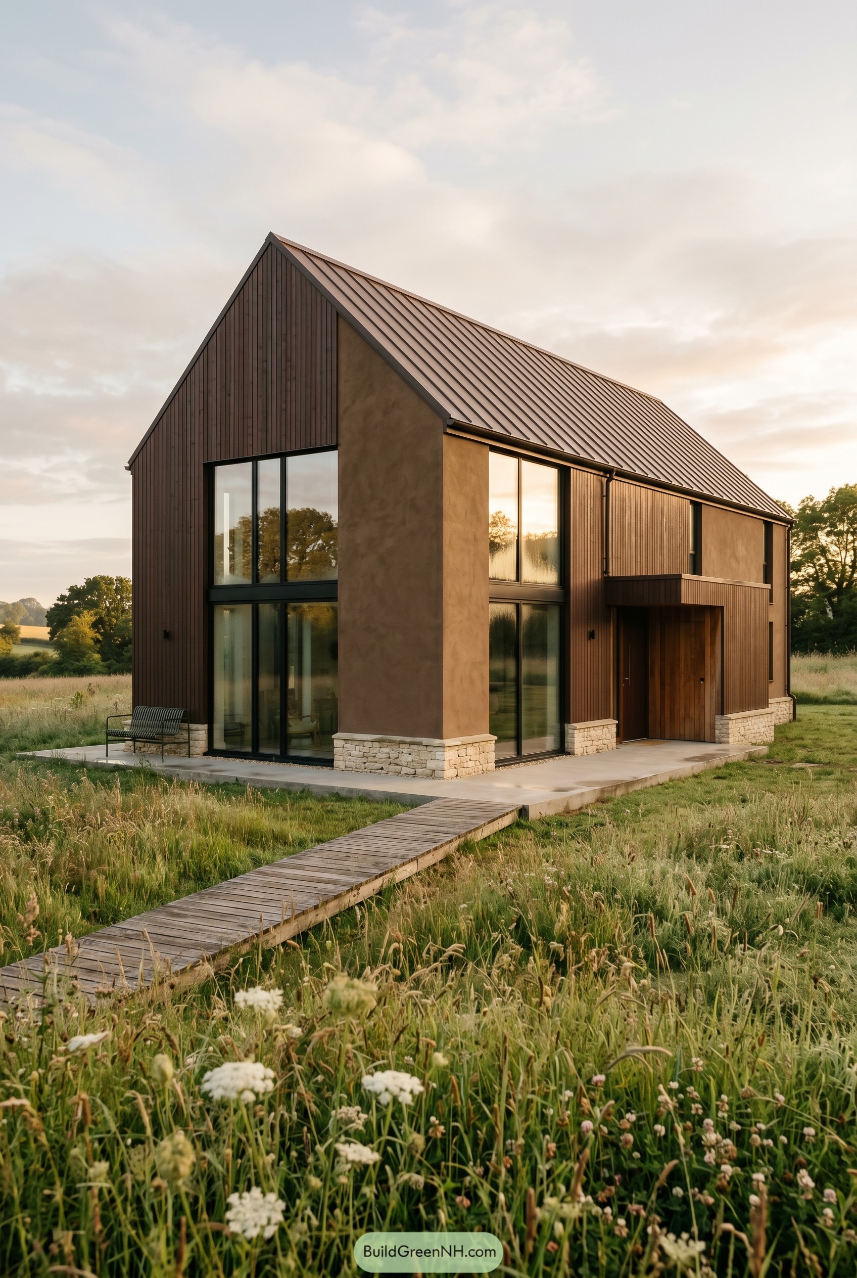 Modern brown gabled house in a wild meadow