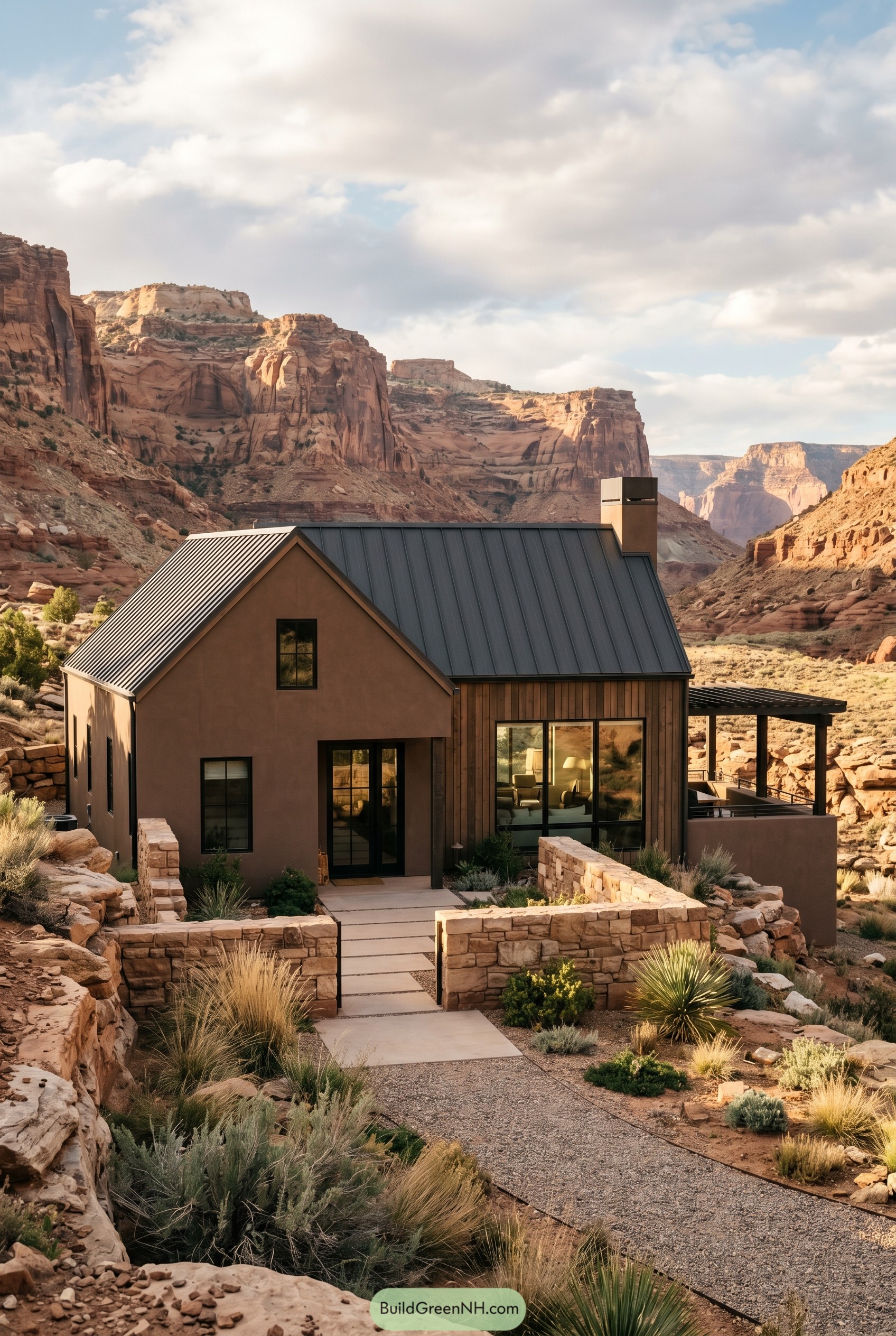 Brown gabled house with dark metal roof in a red rock canyon