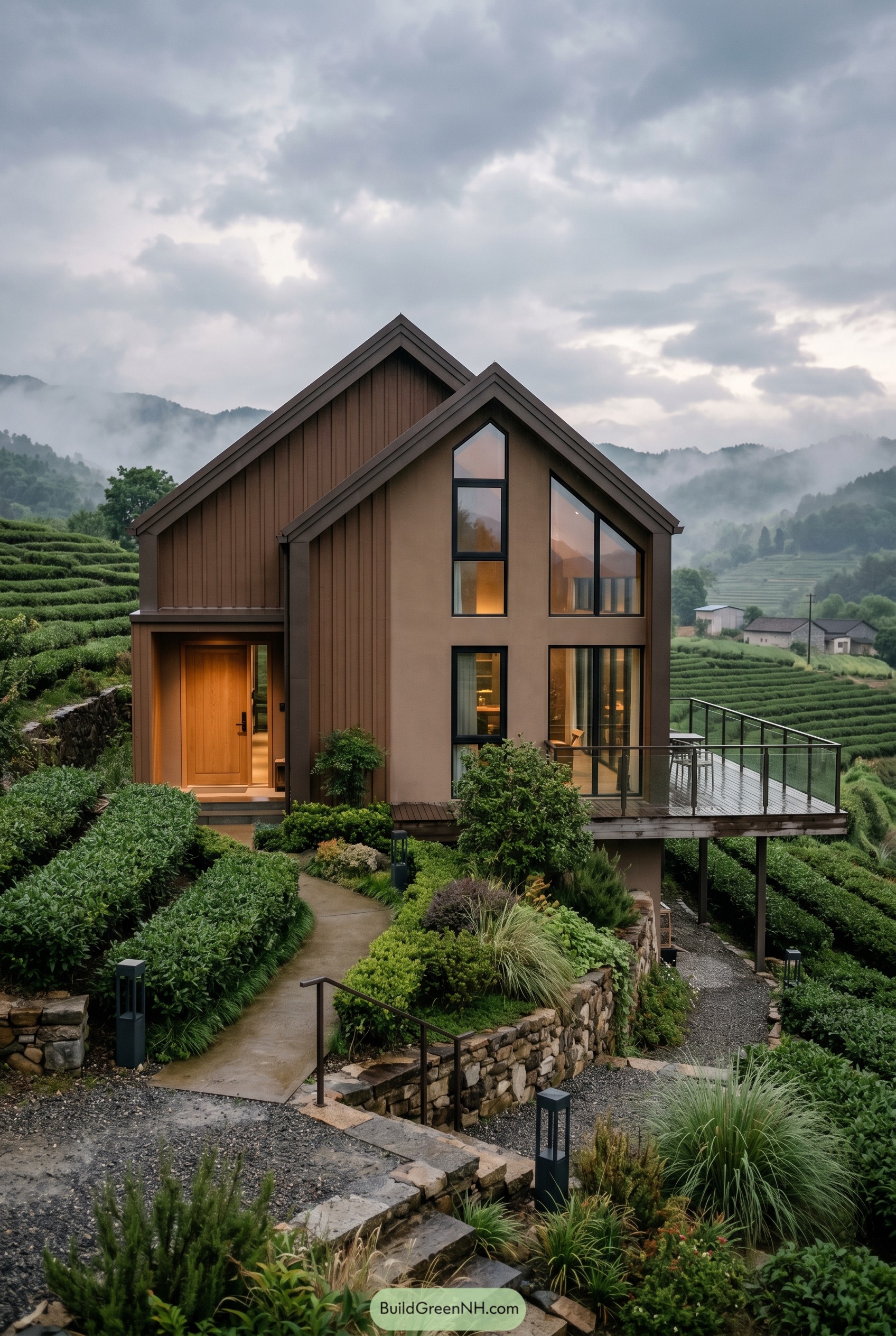 Modern brown twin gabled house on terraced hillside