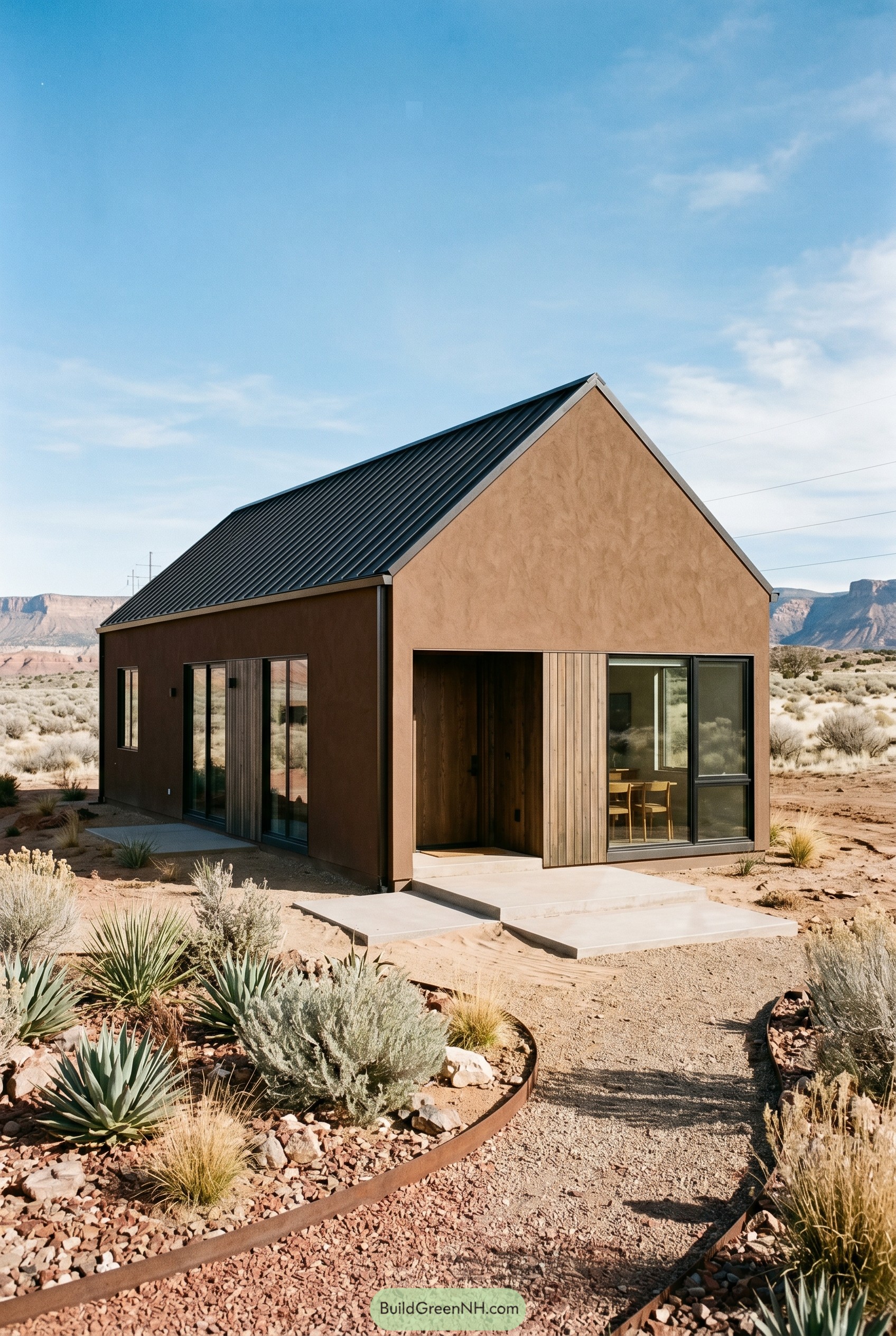 Earthy brown gabled house in desert