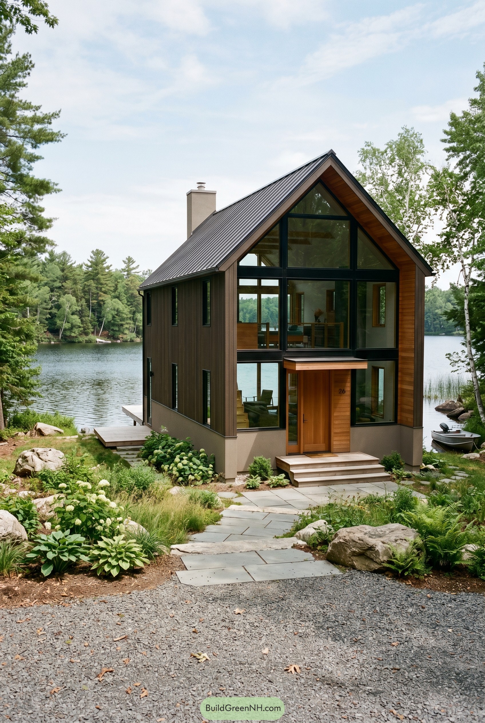 Modern brown gabled lake house with tall glass front