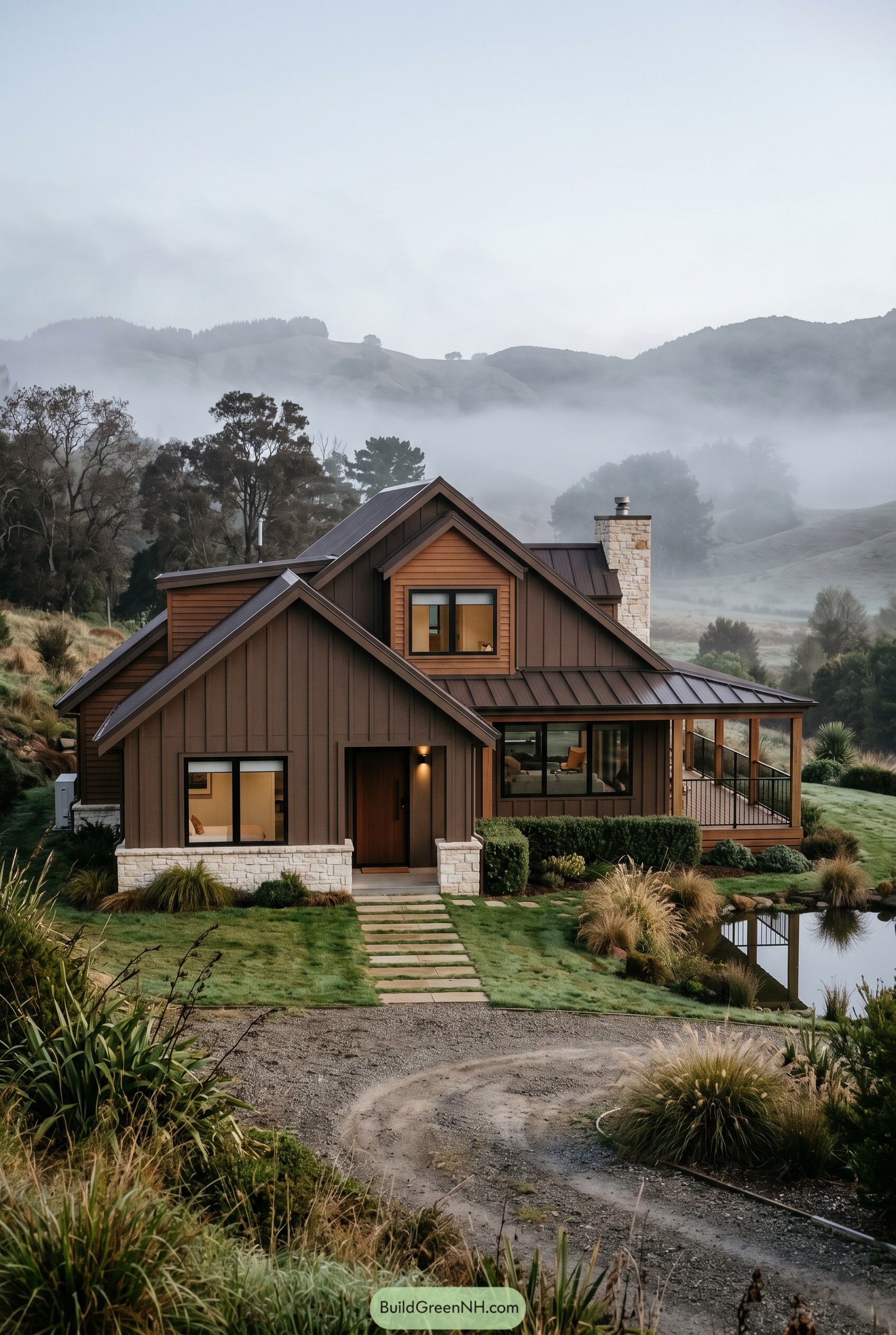 Brown modern gabled house with stone chimney by a pond