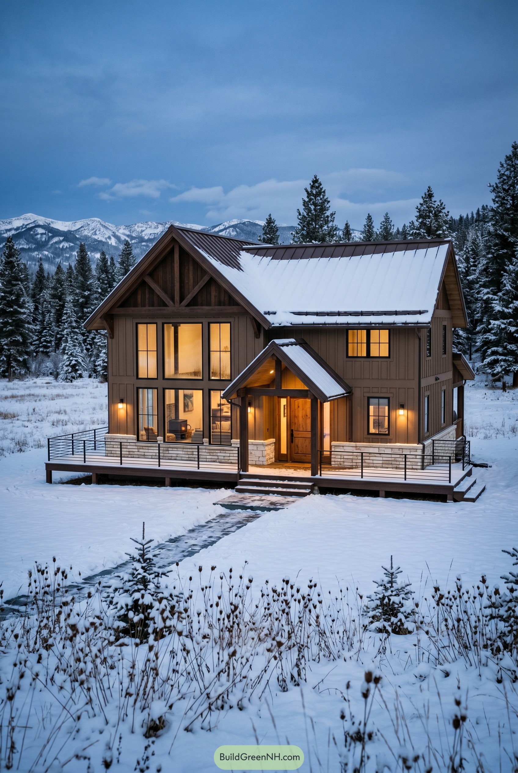 Earthy brown gabled house in snowy meadow