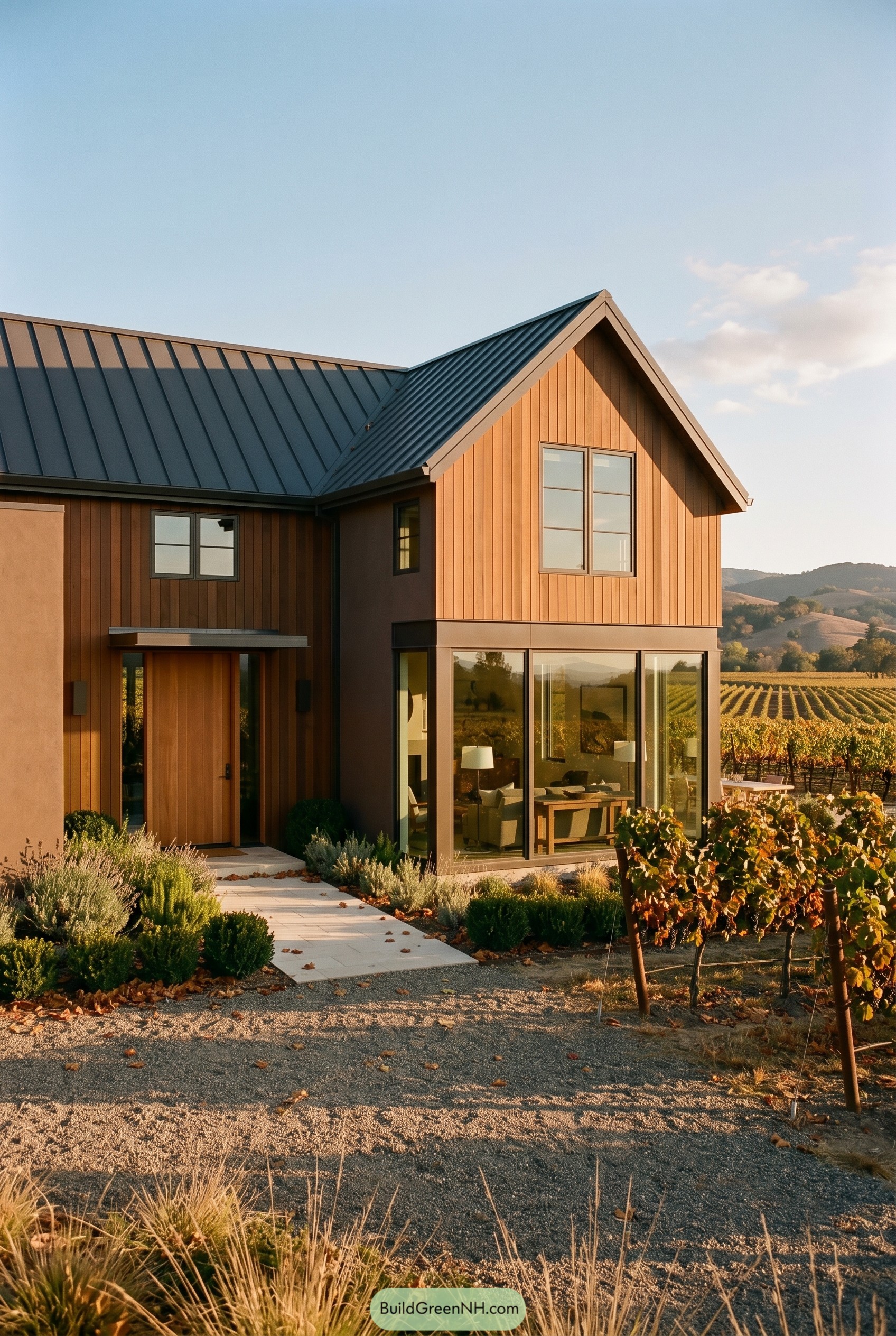 Brown modern gabled house beside vineyard