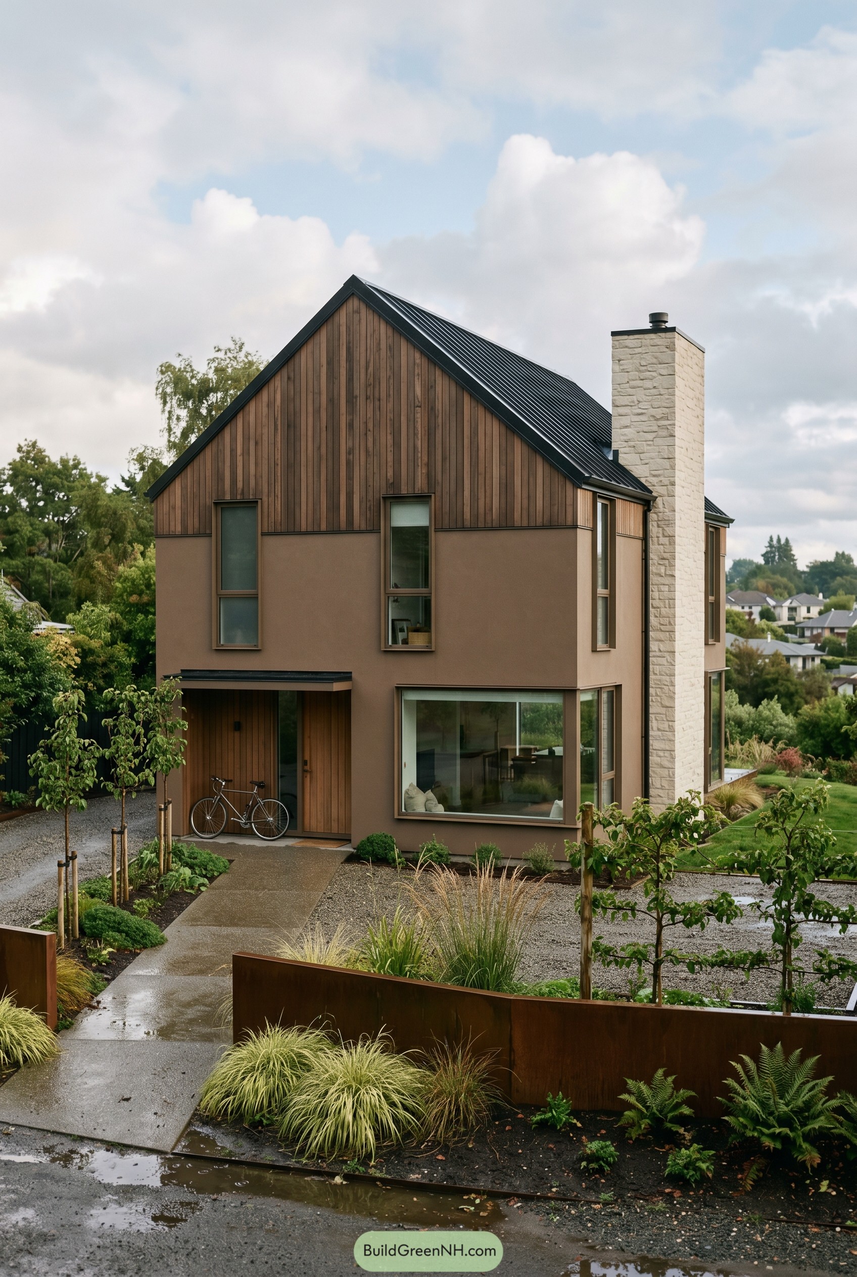 Brown modern gabled house with stone chimney