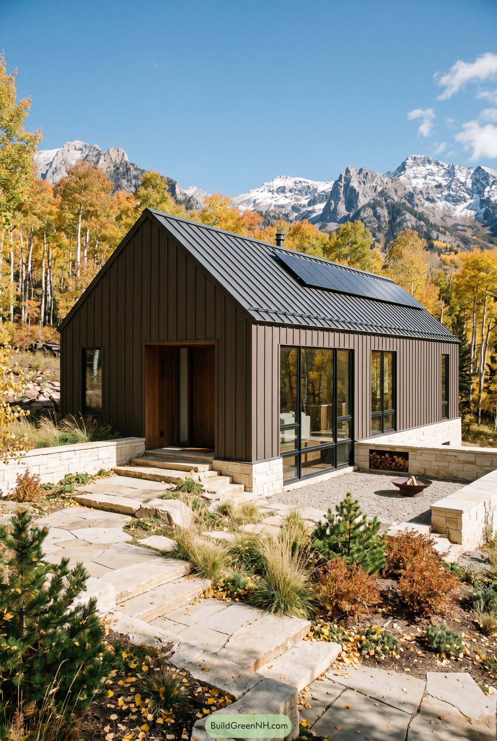 Brown gabled home with solar roof and stone courtyard