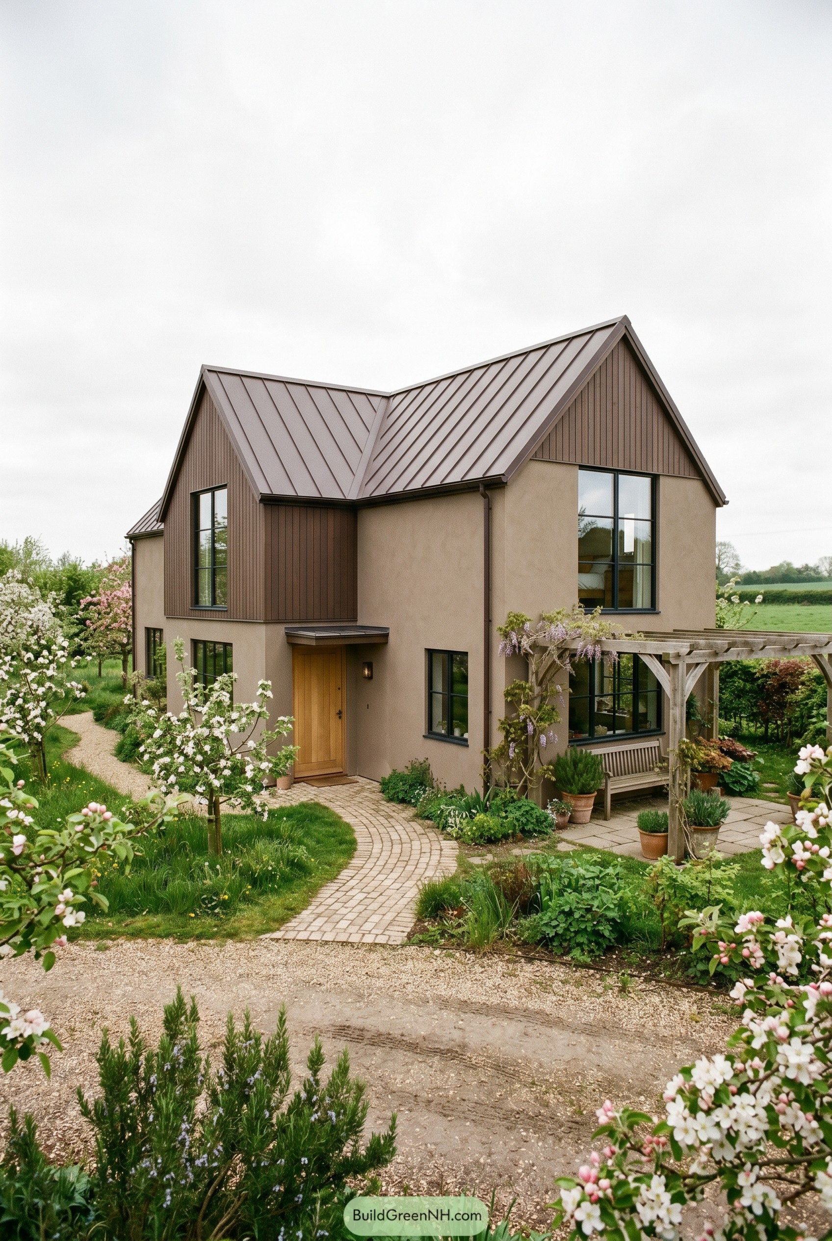 Modern brown gabled house with garden pergola
