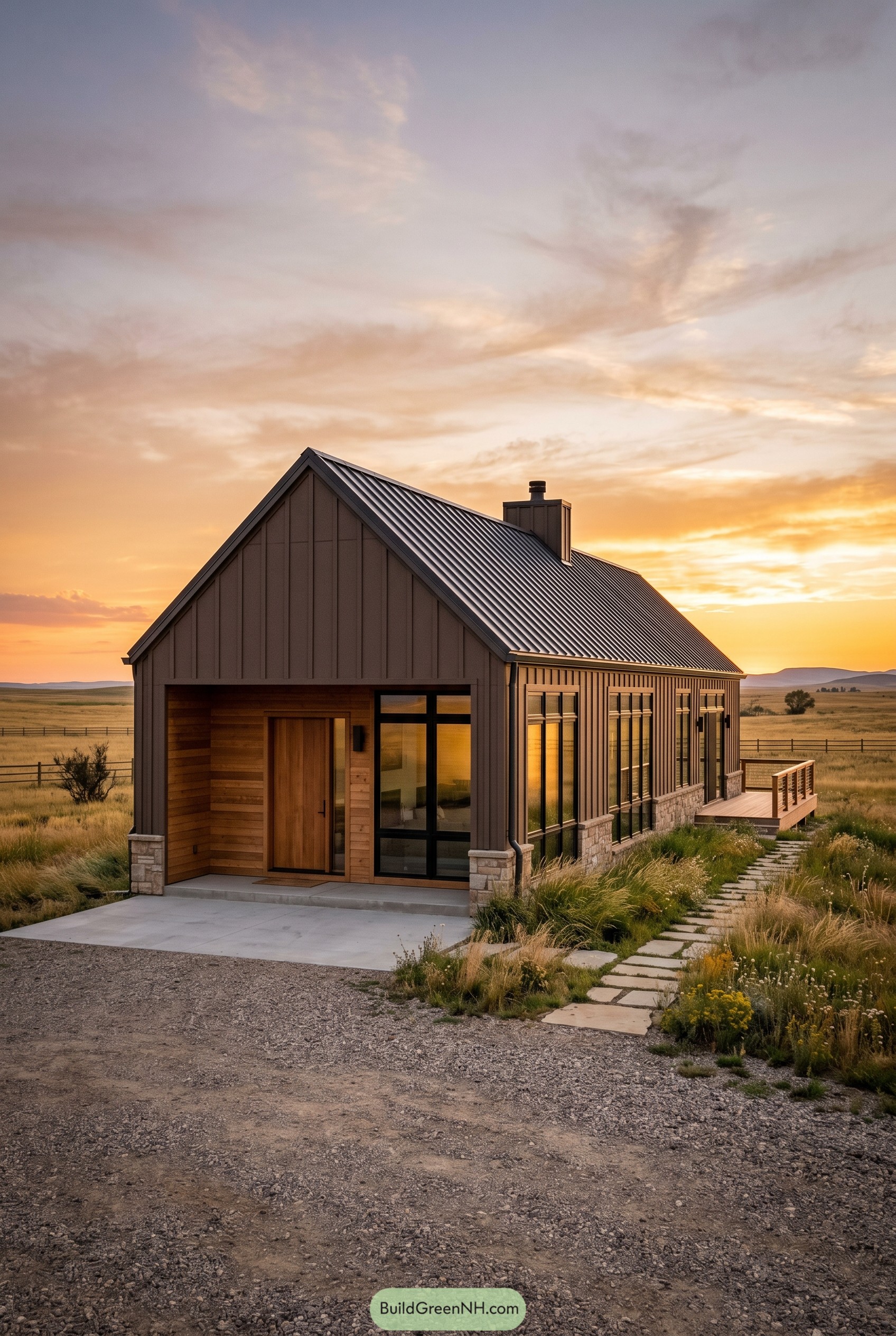 Brown modern gabled house in grassland