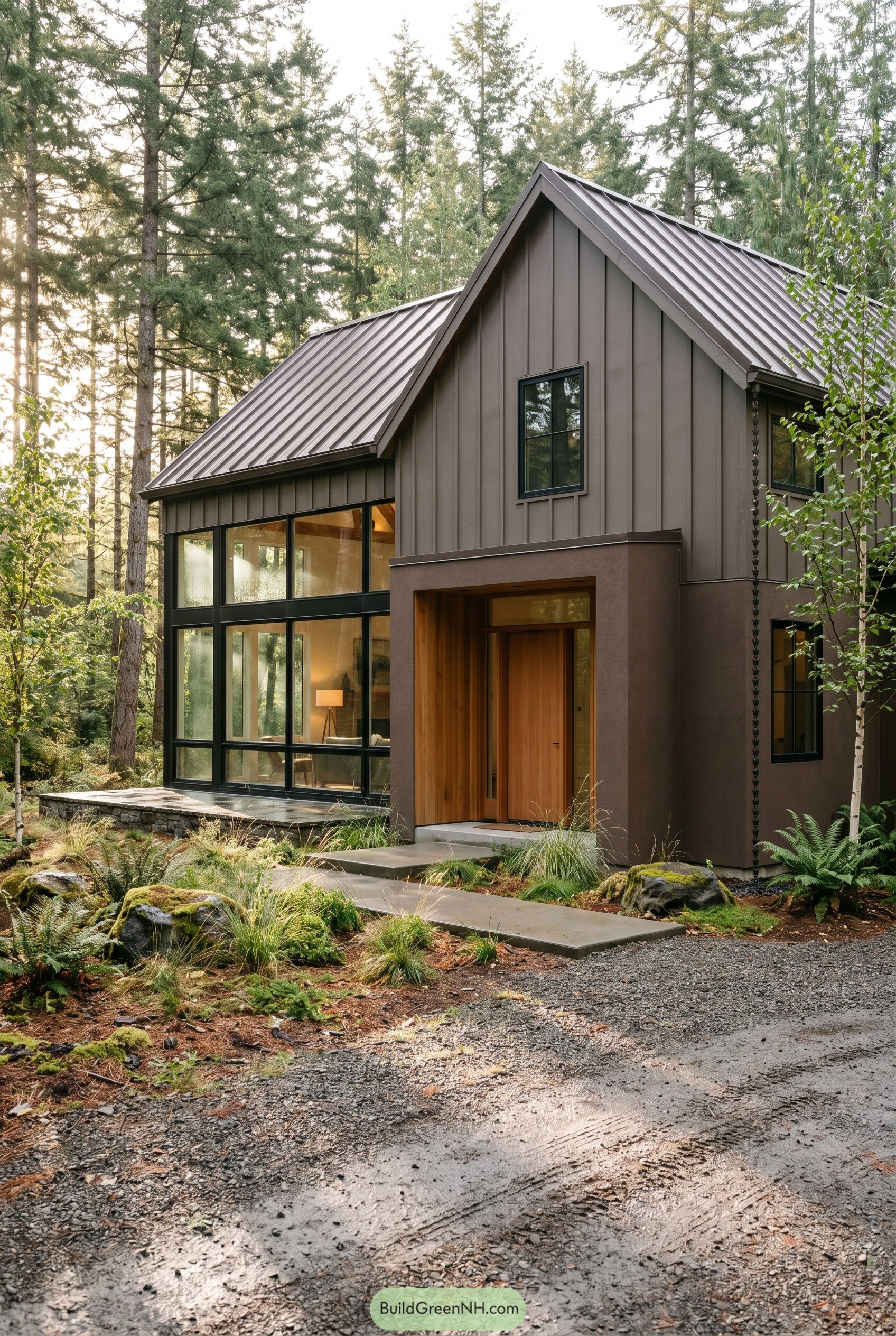 Earthy brown modern gabled house in woods
