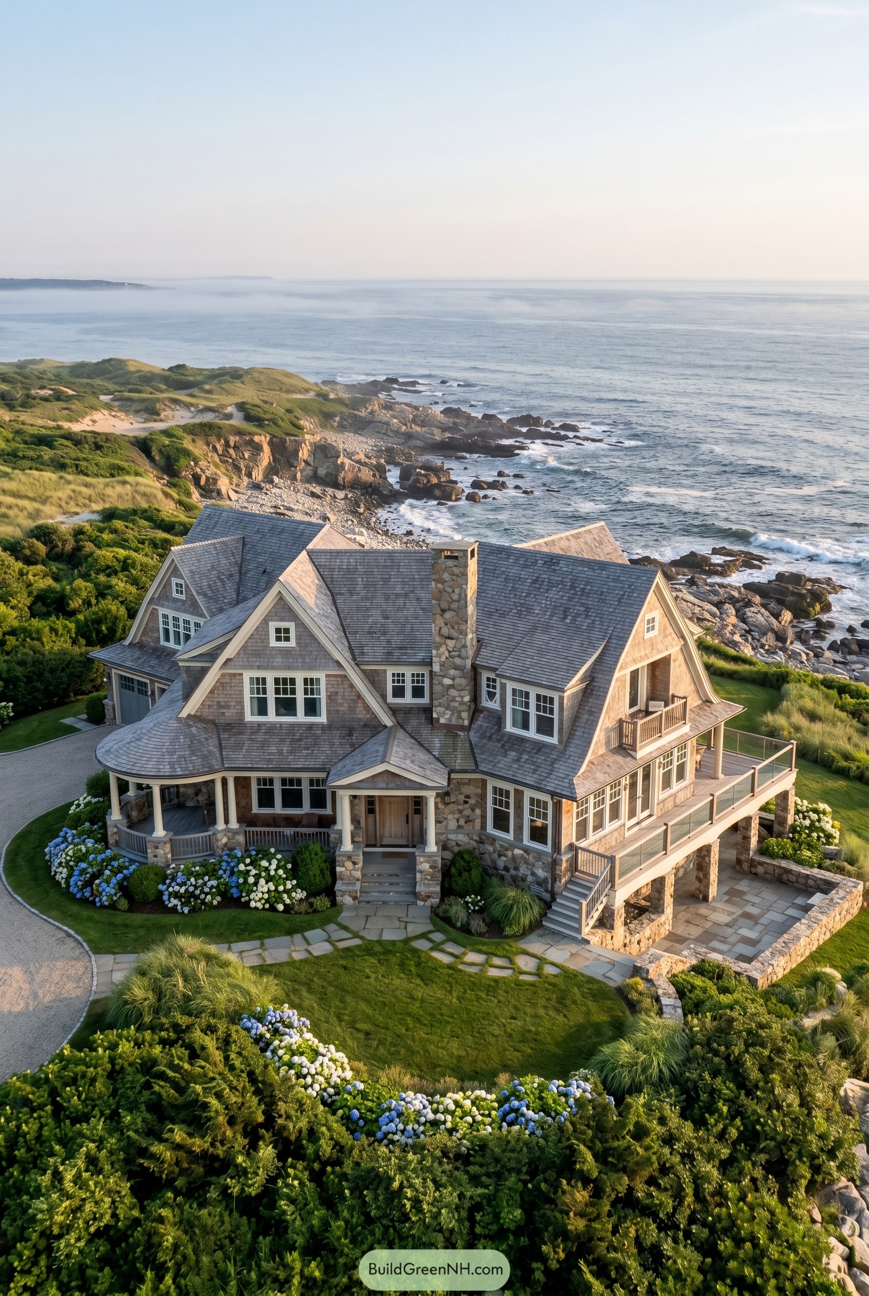 Shingle style oceanfront house with wraparound porch