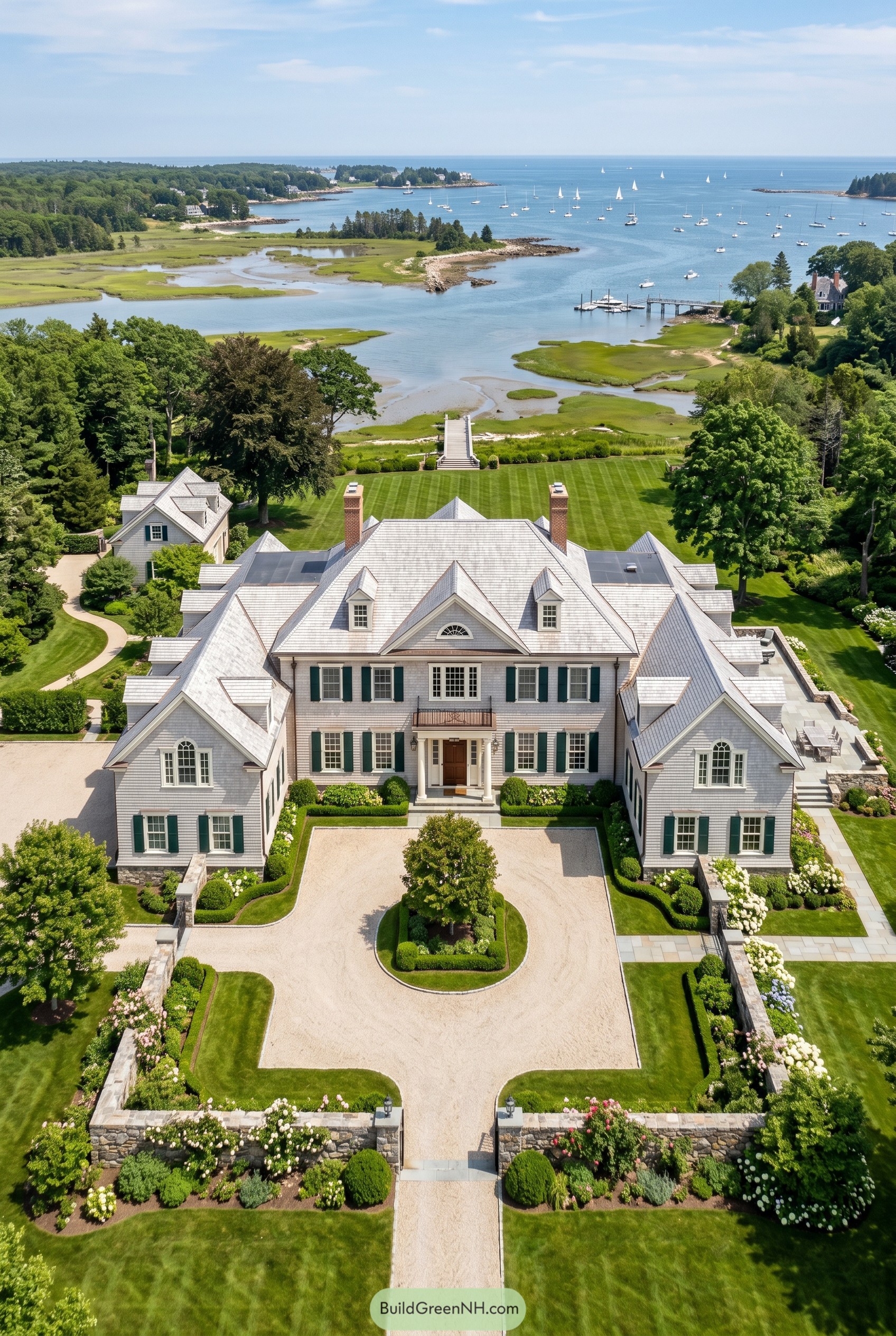Large shingle waterfront estate with formal drive