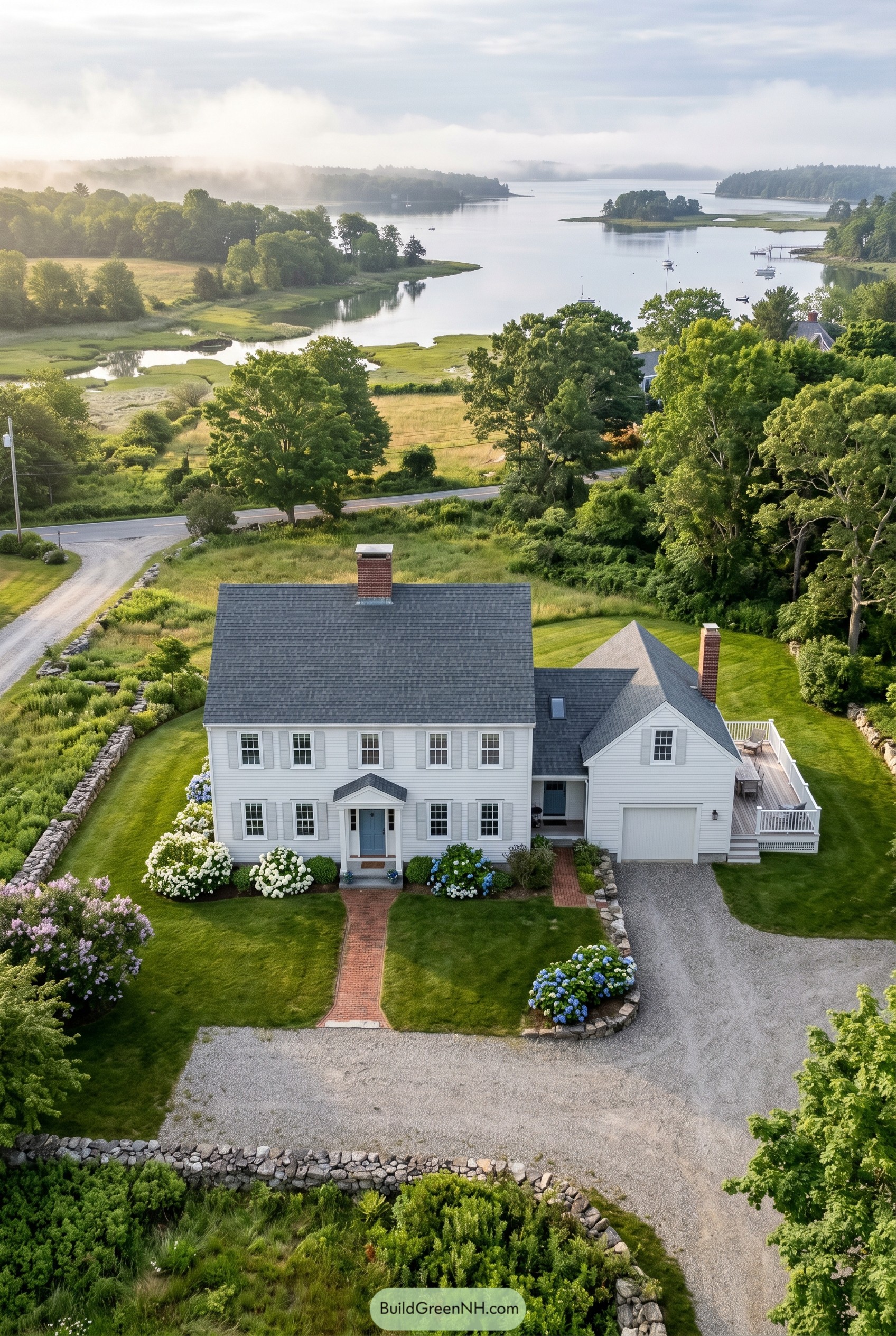 White clapboard center hall house by an estuary