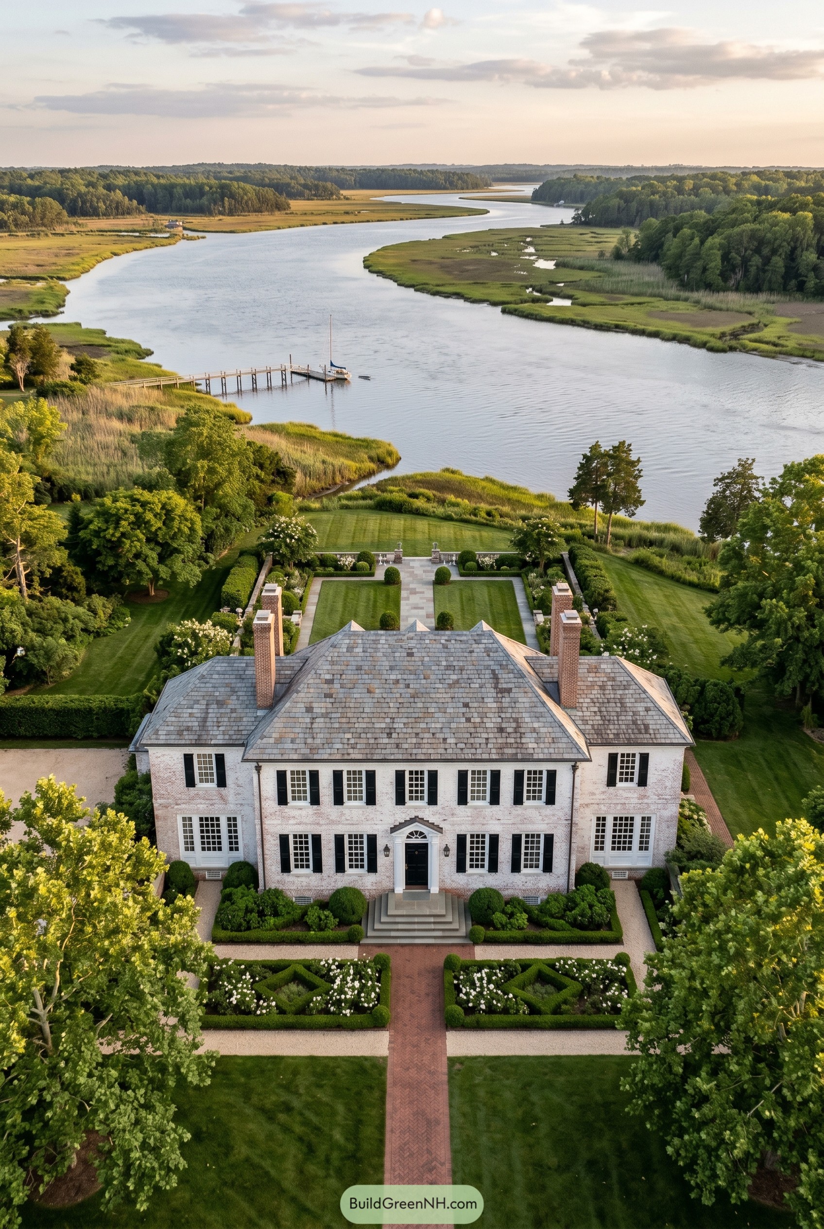 Symmetrical brick manor with formal gardens beside a winding river