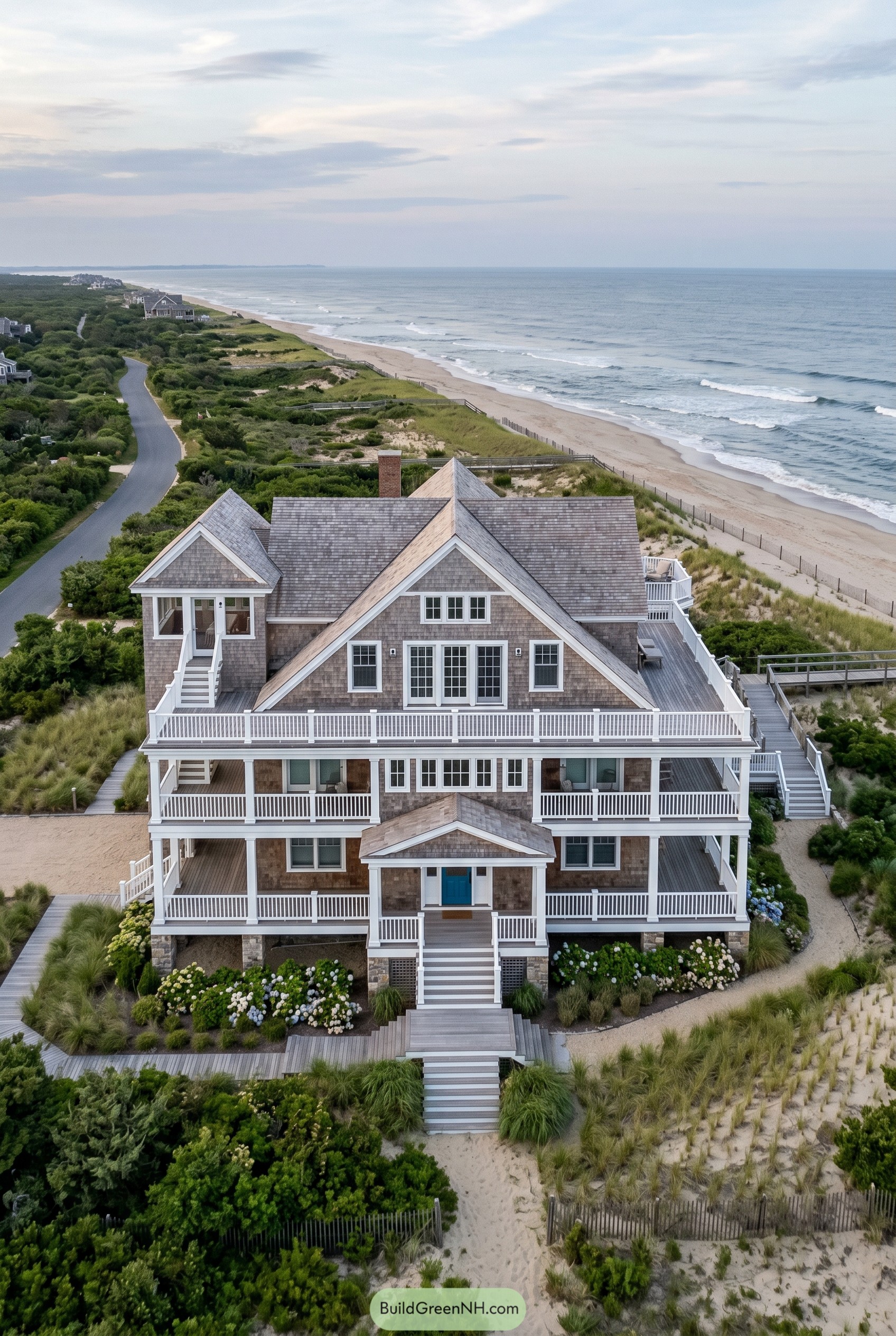 Large shingle beach house with stacked porches
