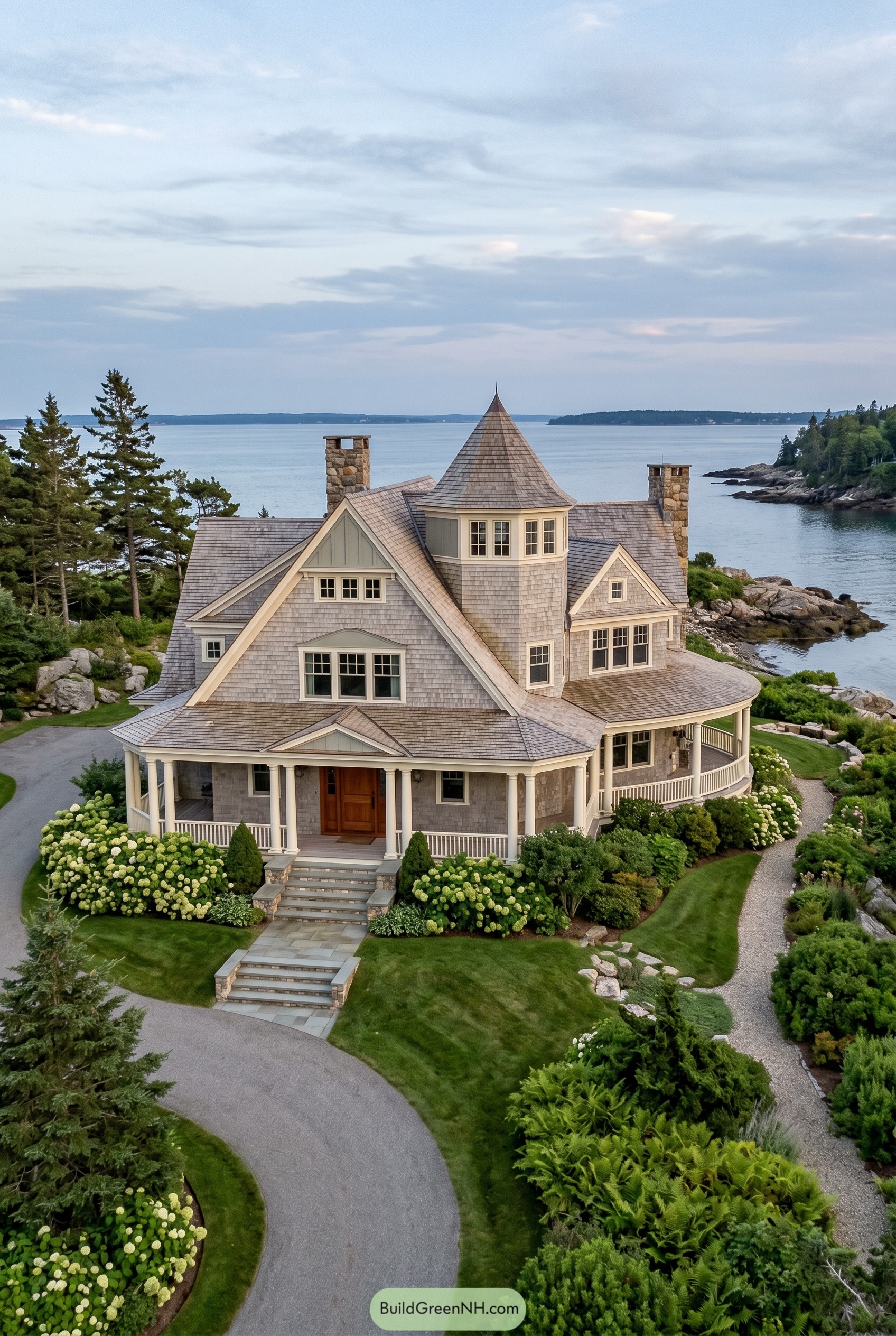 Shingled coastal home with turret and wraparound porch