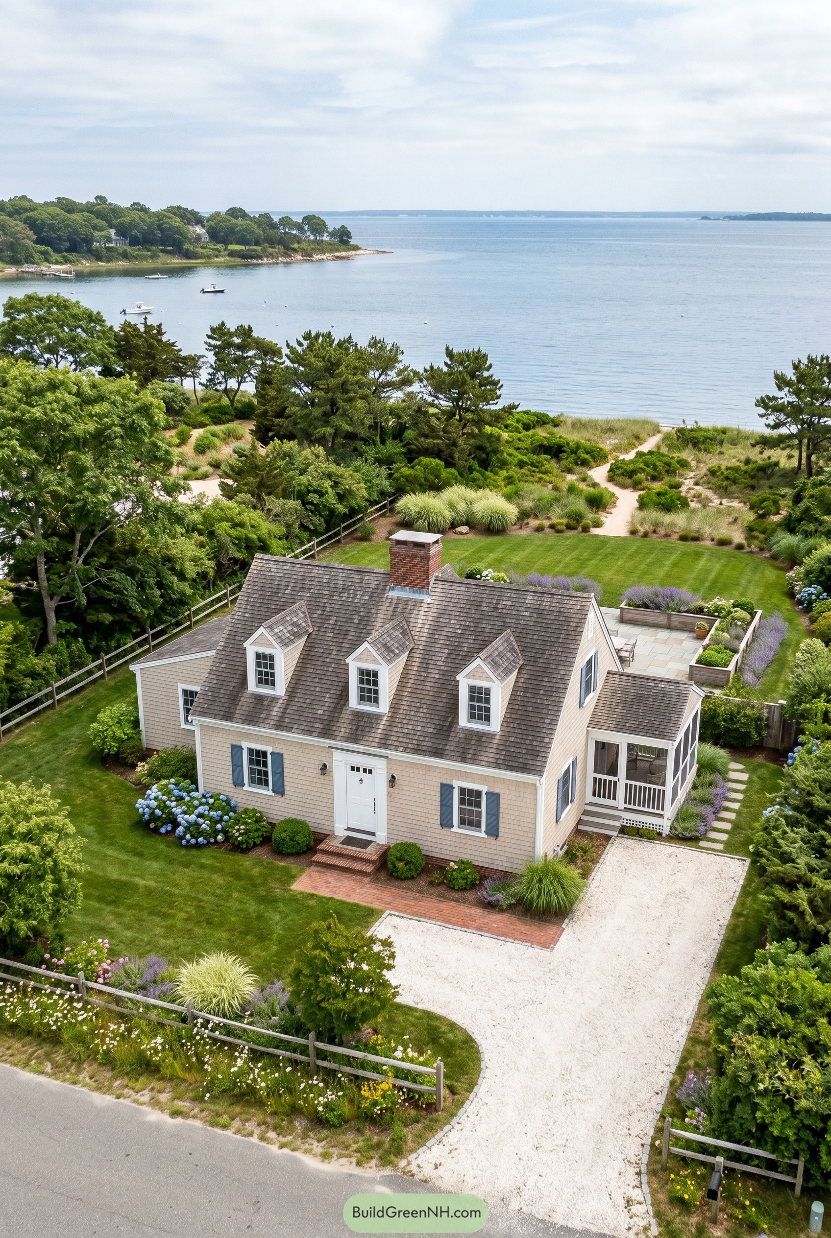 Shingled Cape house beside a quiet bay