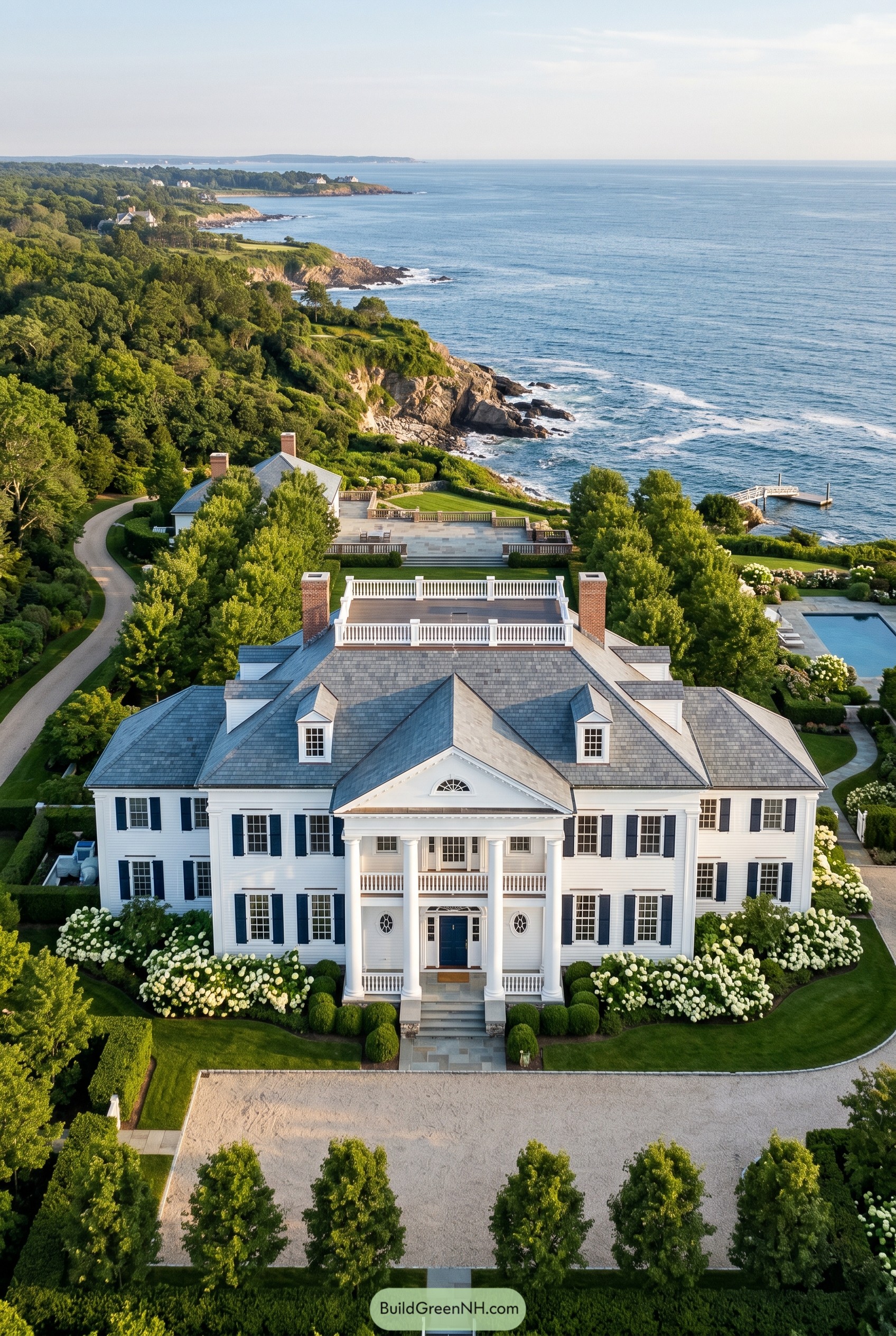 Grand white coastal mansion with columned entry